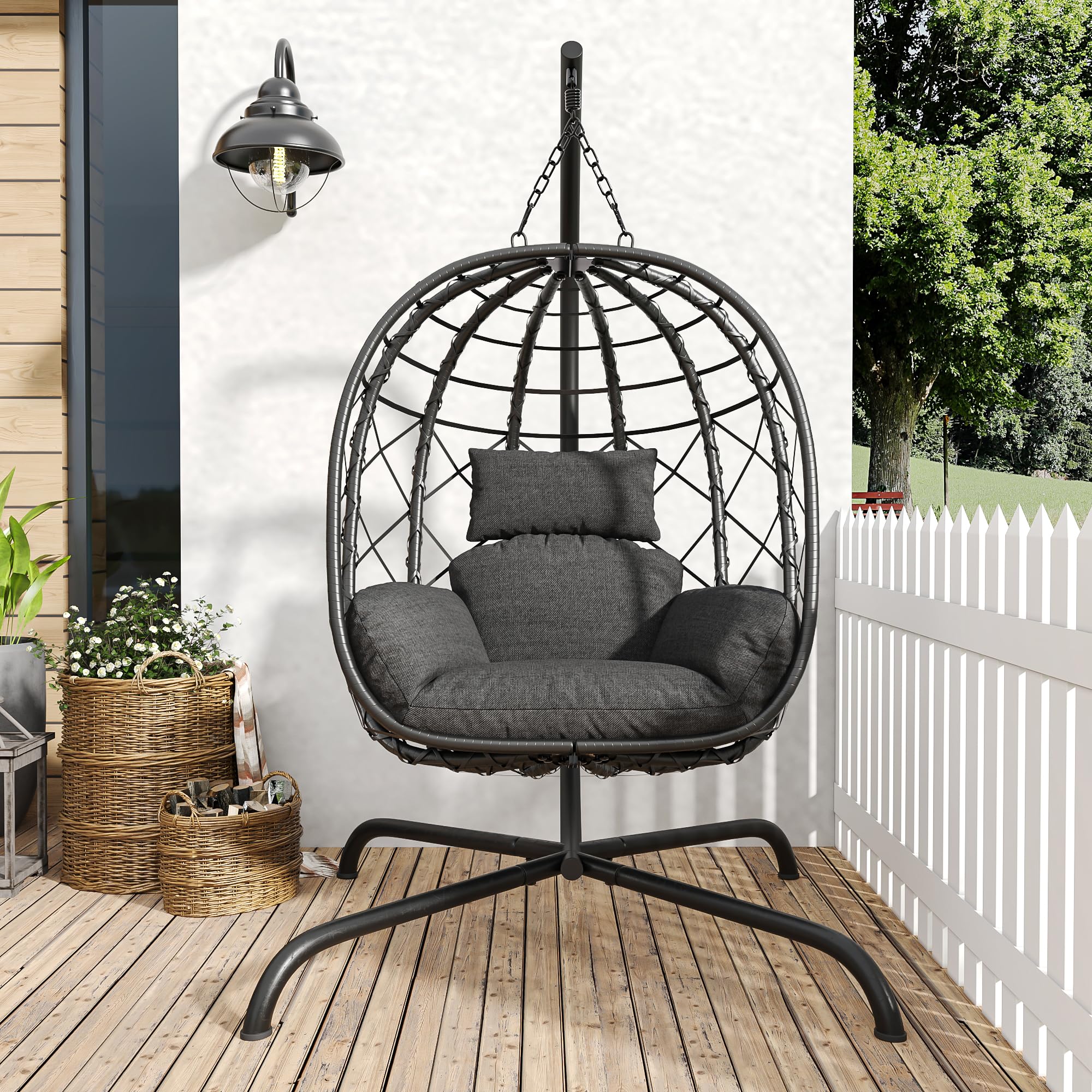 Hanging Egg Chair with Stand Patio Wicker Rattan Swing Chair Hammock Egg Chair for Indoor & Outdoor 400lbs Capacity with Thickened Cushion for Bedroom