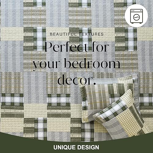 Miniatura 6 de Y-PLWOMEN Juego de edredón Queen 100 algodón colcha verde y blanco tamaño Queen juego de ropa de cama reversible ligero a cuadros para todas las