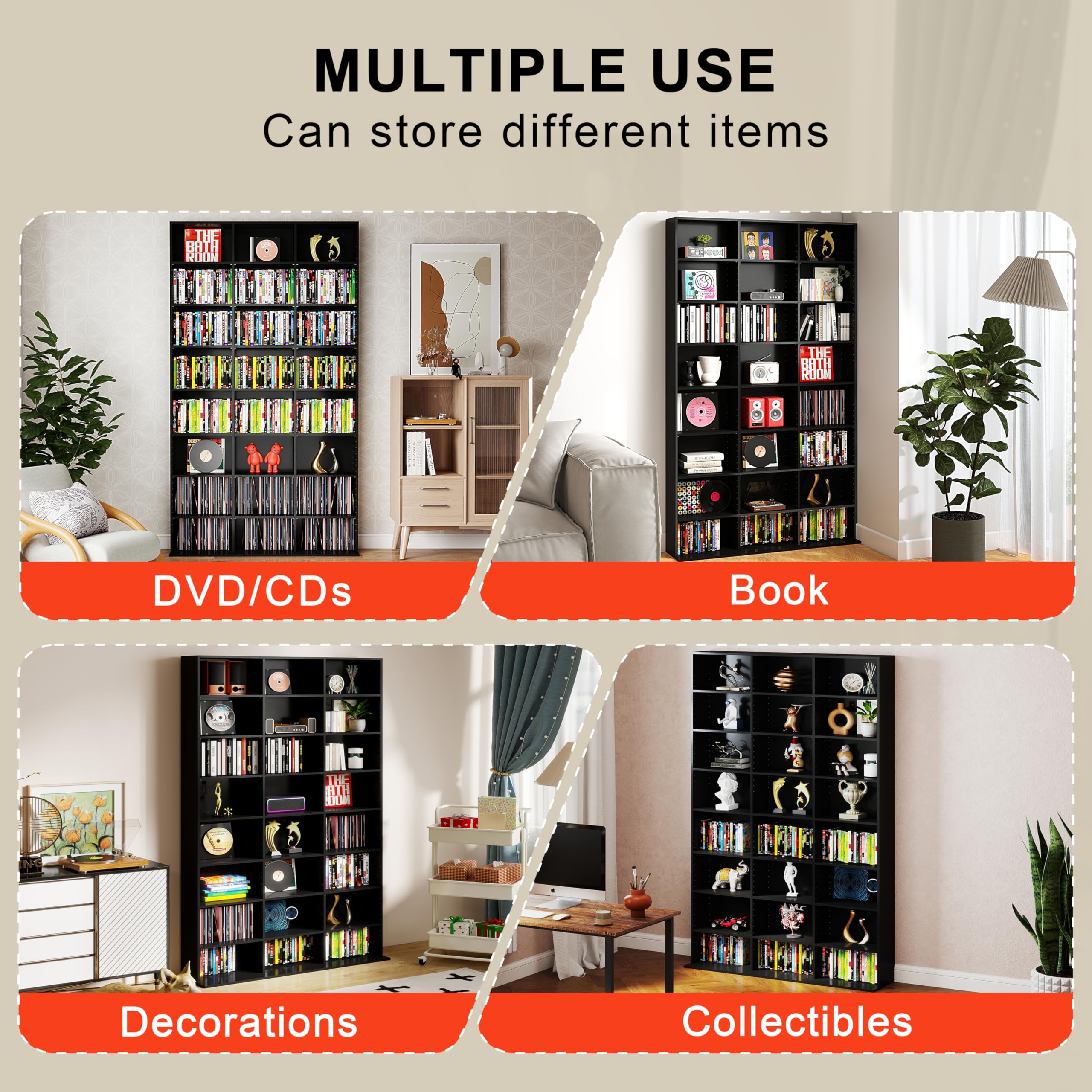 CD-Regal, CD-Hüllen-Organizer, DVD Regal, DVD Schrank, Kippschutz, Ständer oder Vitrine für Sammlungen, geeignet für Wohnzimmer und Arbeitszimmer, 102x23.5x180cm, Stehend, Schwarz