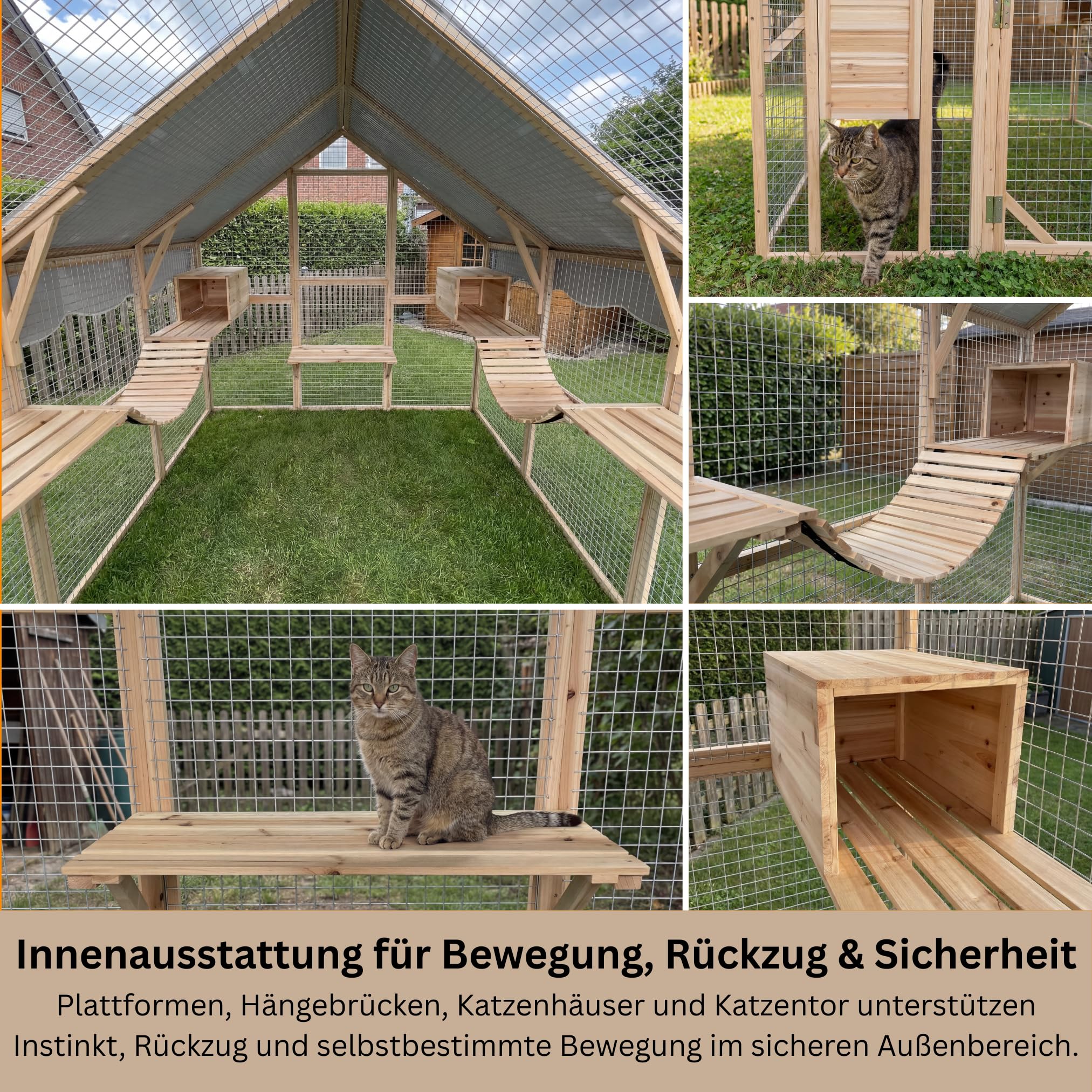 Katzengehege Outdoor XXL – Katzenauslauf und Freilaufgehege für Garten | Massives Holz, 2 mm verzinktes Stahlgitter, begehbar durch große Tür, wetterfest, inkl. Schutzhäuschen, auch für Terrasse