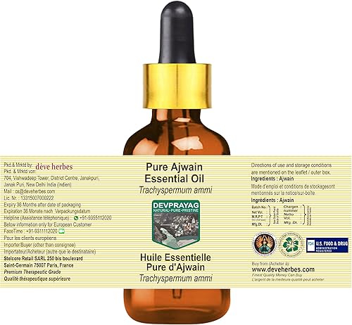 Miniatura 2 de Aceite esencial puro Ajwain (Trachyspermum ammi) con cuentagotas de vidrio destilado al vapor 3.4 fl oz (3.38 oz)