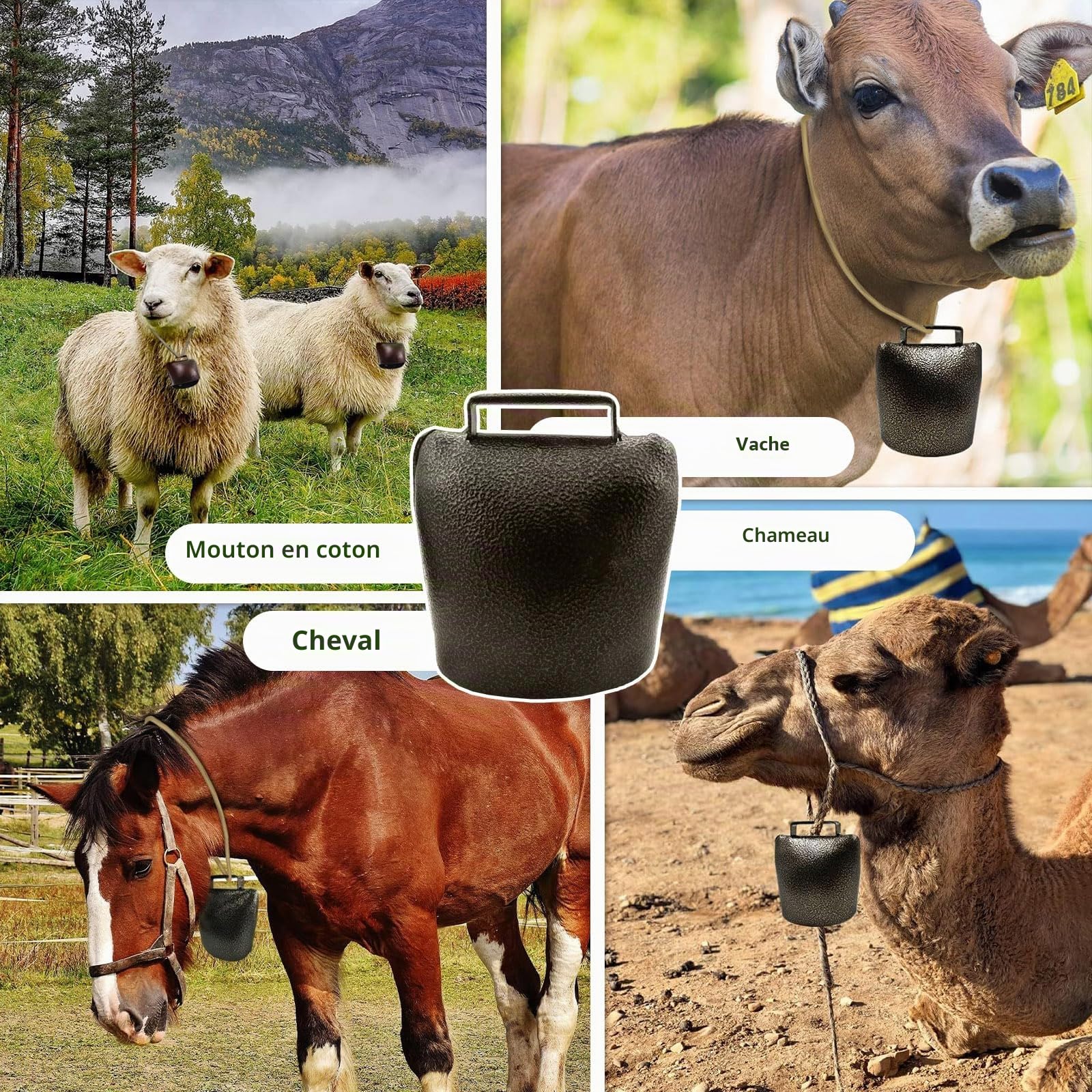 Lot de 2 cloches de vache en bronze avec son net, cloches en cuivre pâturage en métal, pour animaux bruyants anti-perte, accessoires de collier pour chèvre, cheval, mouton (bronze)