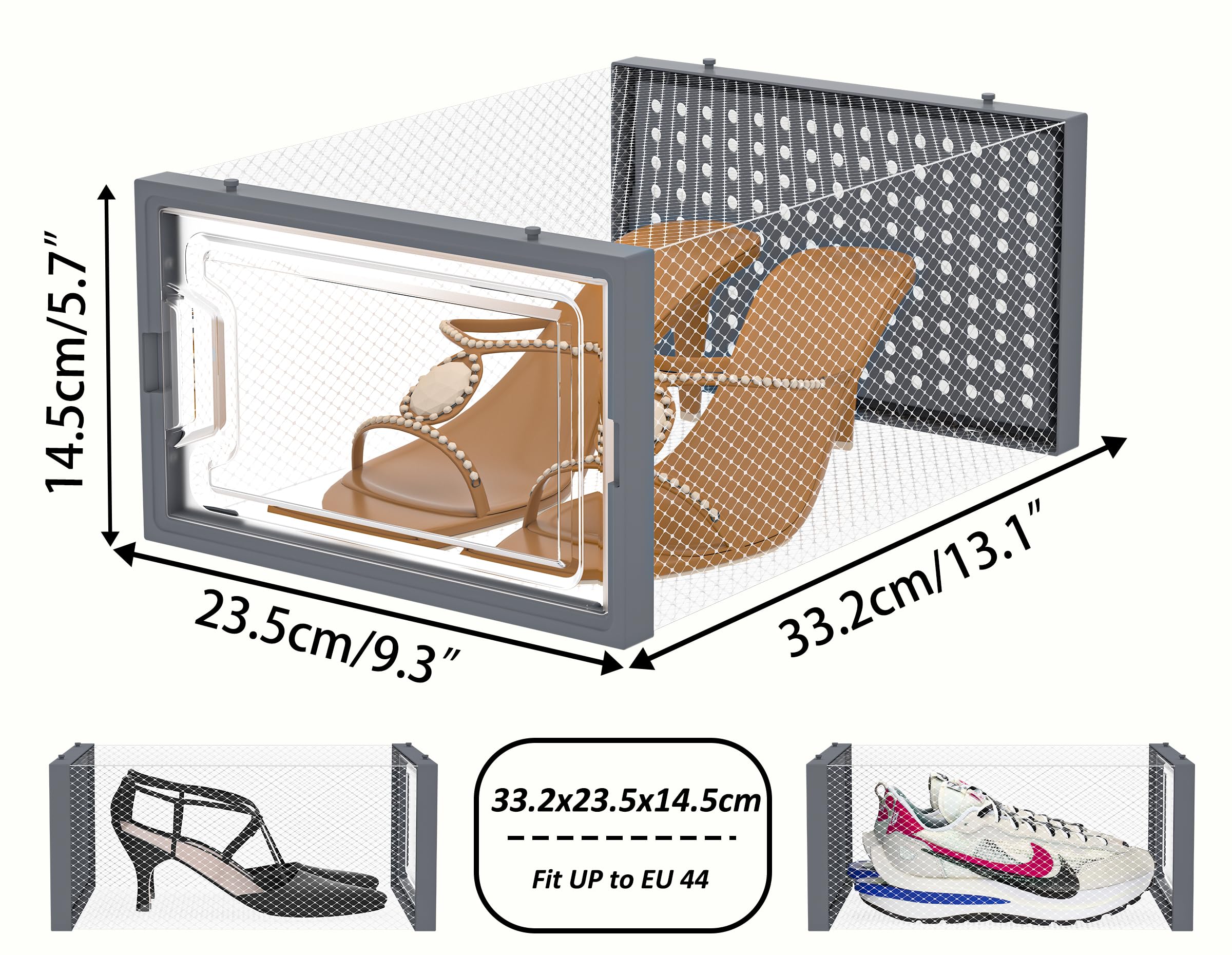 HOMIDEC 12 pcs Scatole per Scarpe,Scatole Portascarpe in Plastica Trasparenti impilabili, Contenitori Portascarpe con Coperchi per donna/uomo,Grigio