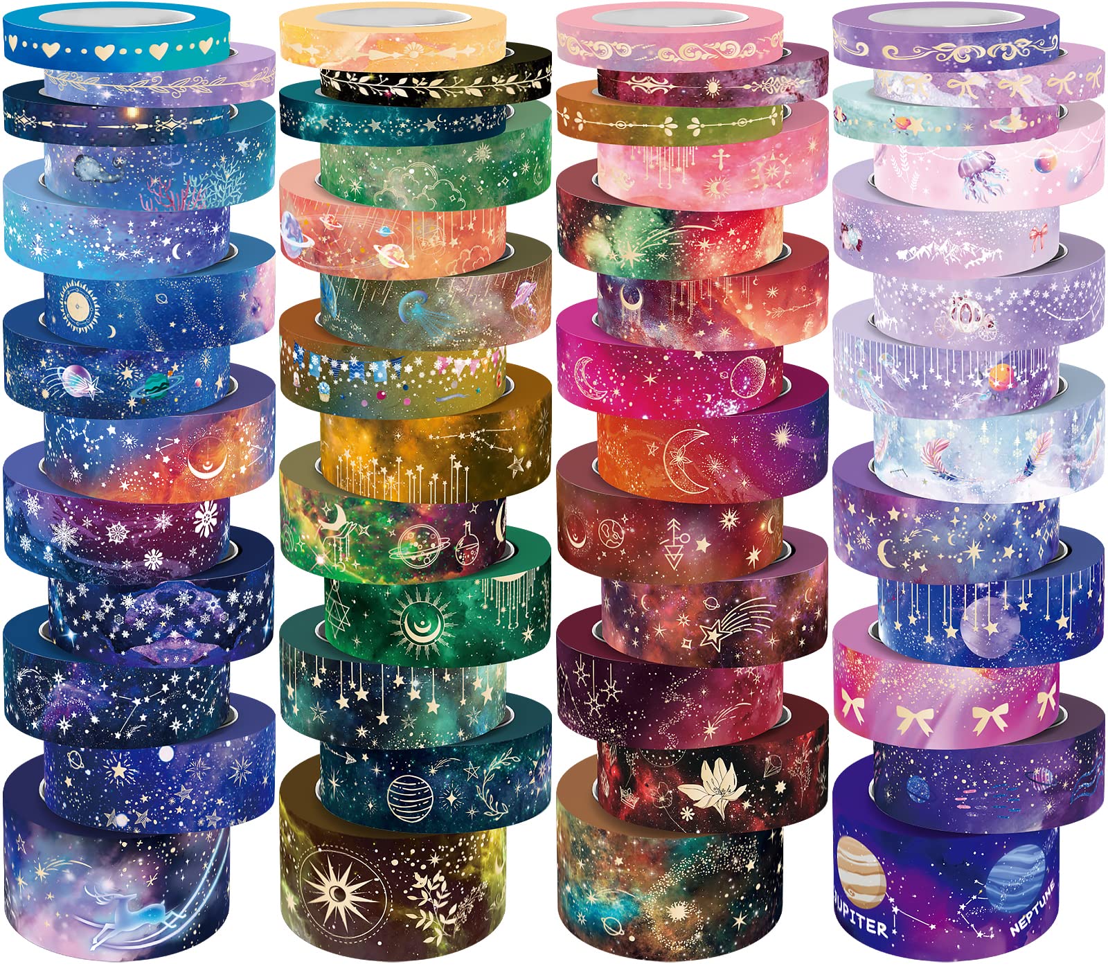 52 Rolls Washi Tape Set, Gold Foil Galaxy Washi Tape for Journaling Supplies, 4 Size Washi Tapes for Scrapbooking, DIY Journal Set, Craft, Gift Wrapping, Painting