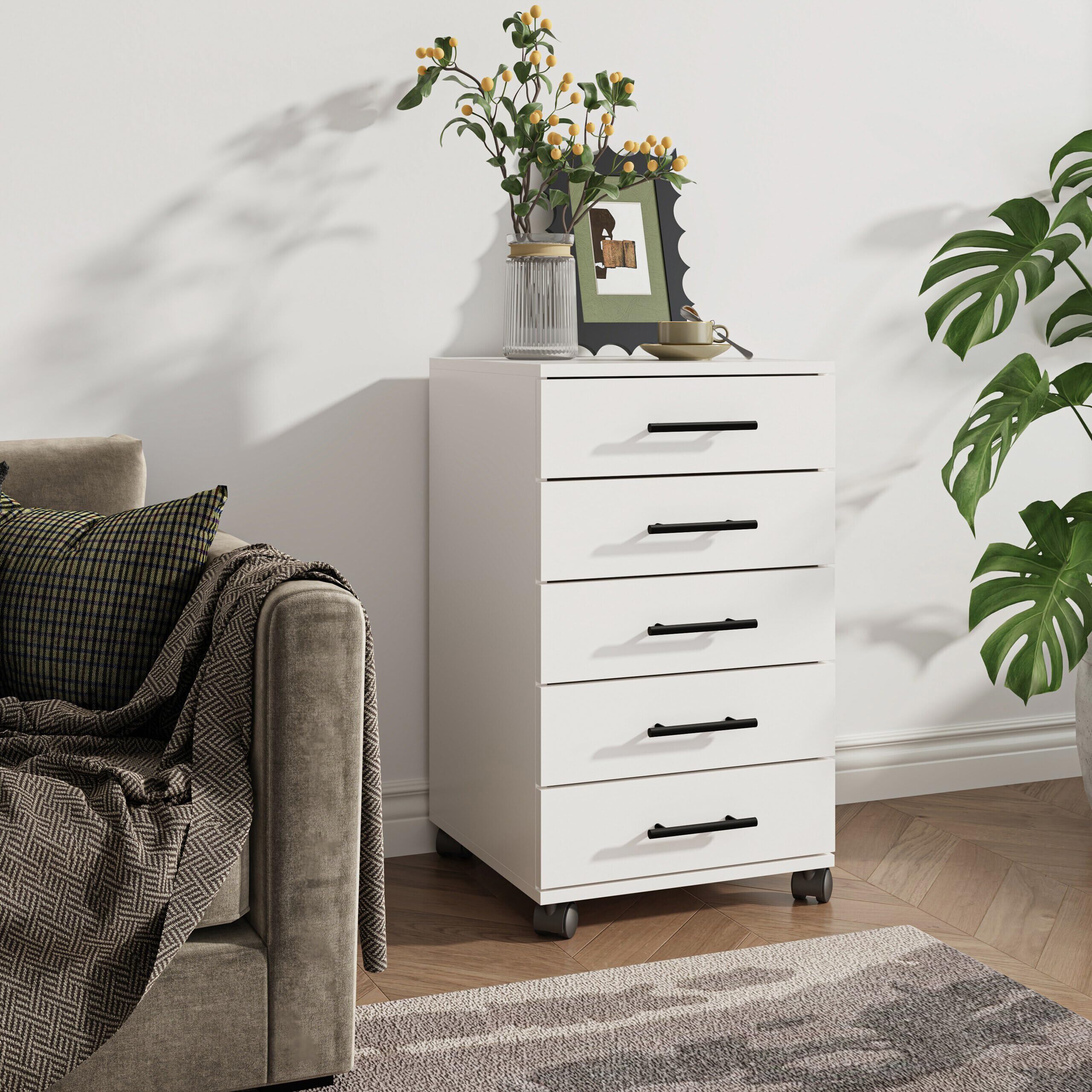 Contenitore su rotelle Relaxdays, 5 cassetti, HxLxP: 69 x 40 x 40 cm, mobiletto per Ufficio su rotelle, Bianco