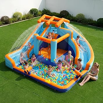 AirMyFun Inflatable Water Slide for Kids Backyard, Mega 9-in-1 Water Park with Dual Racing Slides, Long Sliding Runway and 750W Blower, Inflatable Water Bounce House for Summer Party