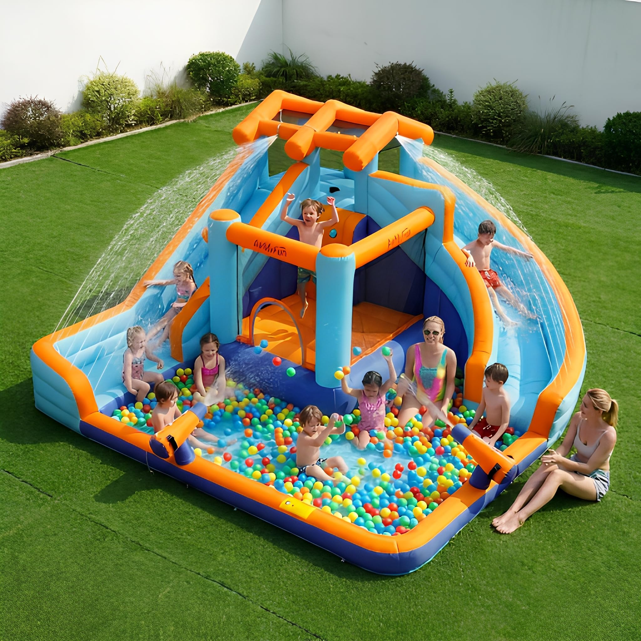 AirMyFun Inflatable Water Slide for Kids Backyard, Mega 9-in-1 Water Park with Dual Racing Slides, Long Sliding Runway and 750W Blower, Inflatable Water Bounce House for Summer Party