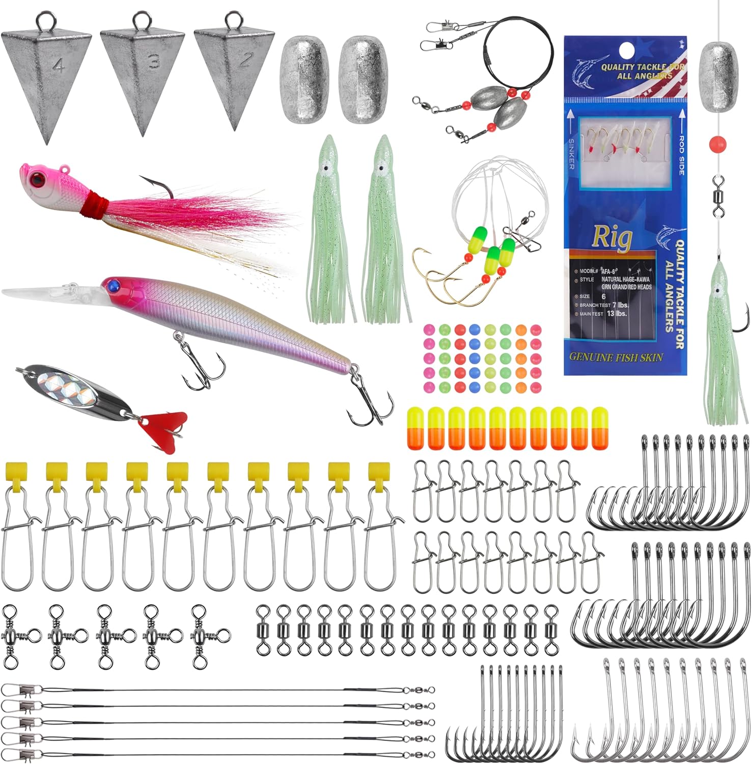 Surf Fishing Tackle Kit, Saltwater Ocean Fishing Gear Set Saltwater Fishing Lures Fishing Bait Rigs Crankbait Spoon Pompano Rig Pyramid Sinkers Hooks Swivels Accessories Tackle Box