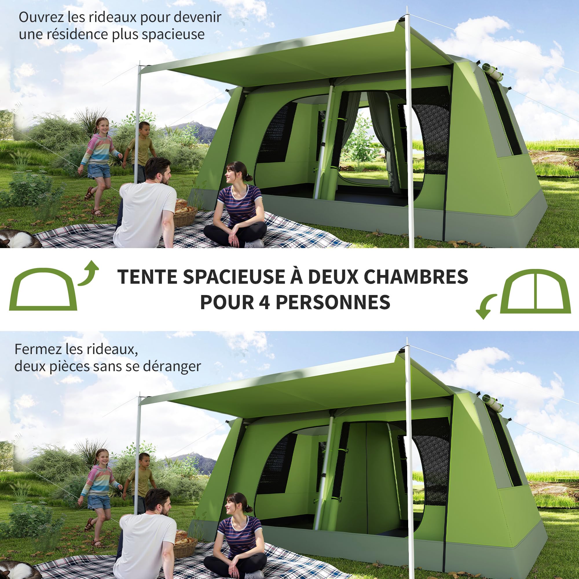 Outsunny Tente de Camping avec Porche pour 4 Personnes, Tente familiale légère Portable Facile à Installer, Sac de Transport et Crochet Inclus, pour Voyage randonnée, 405 x 305 x 225 cm, Vert