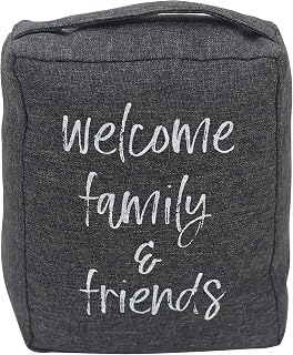 Welcome Friends and Family Decorative Fabric Door Stopper with Handle, Fabric Weighted Floor Stop for Bedroom Living Room Exterior Doors, Gray，7-7/8"W x 4-3/4"D x 9" H