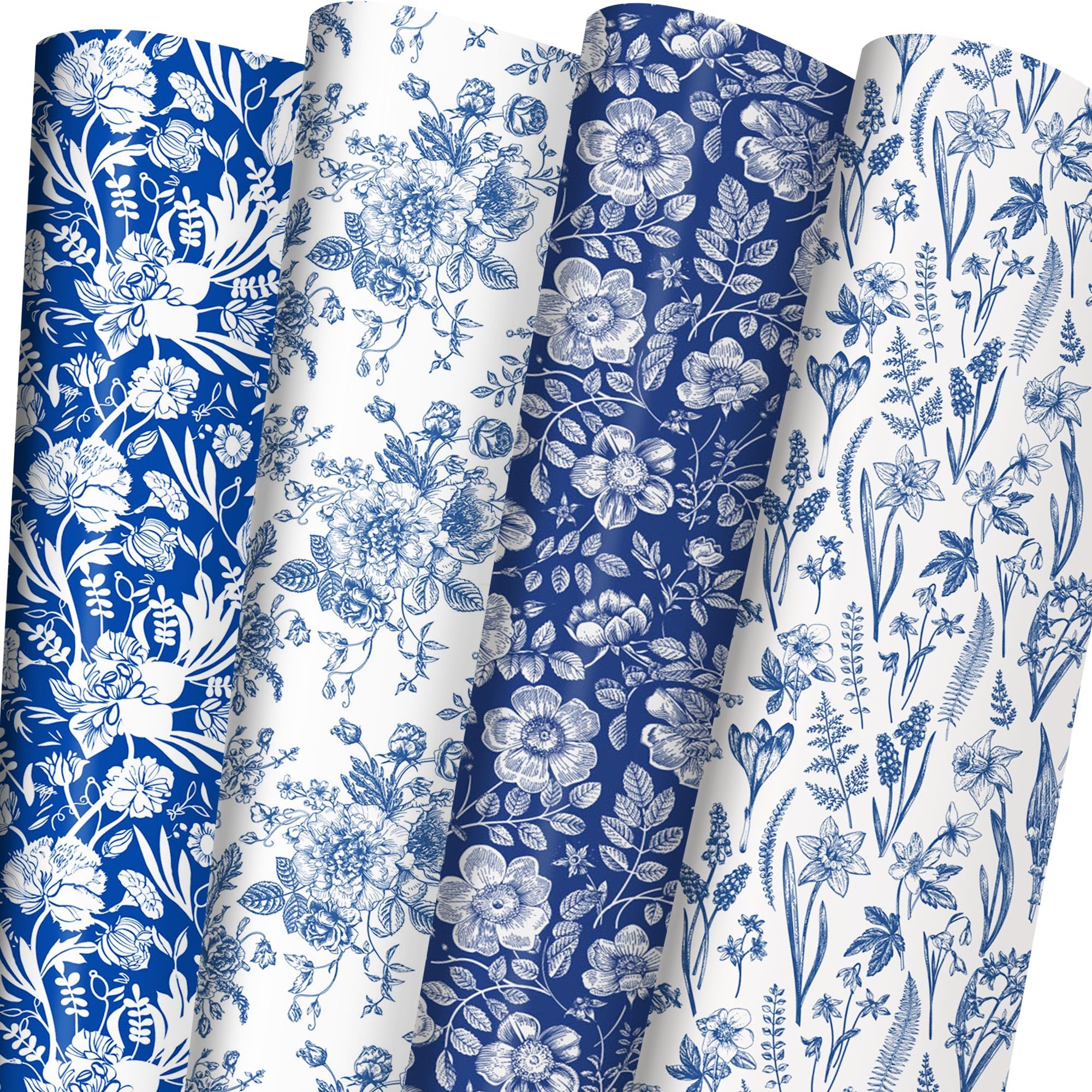 ZINTBIAL Blue White Floral Wrapping Paper for Women, Girls - Gift Wrap With Flowers and Plants for Birthday Wedding Bridal Shower - 20 x 29 Inches, 8 Folded Sheets, Easy to Store…