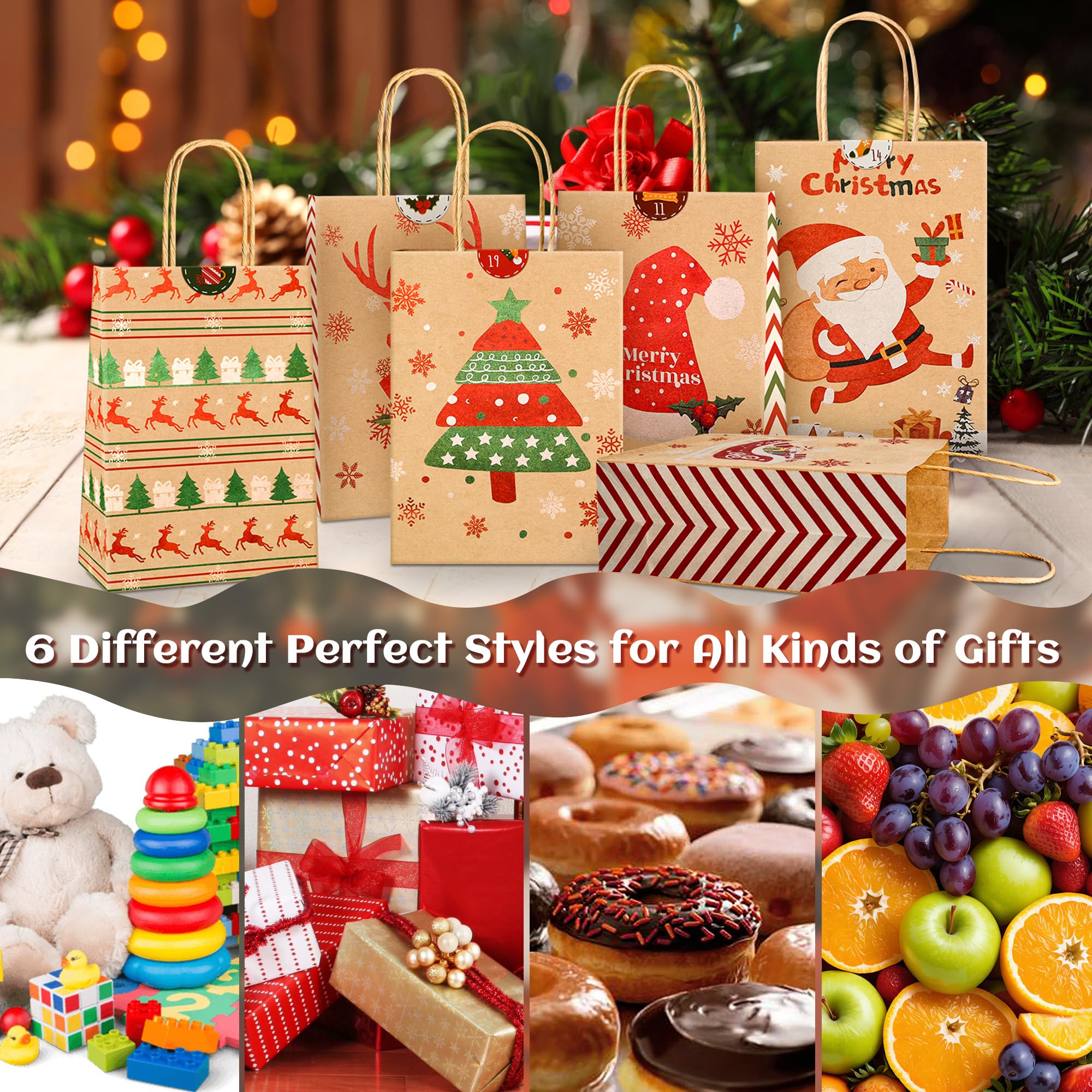 ARTLYMERS 24 Weihnachts-Geschenktüten Mit Griffen – Inkl. Seidenpapier, Verschiedene Motive, Aus Kraftpapier, Für Geschenkverpackung