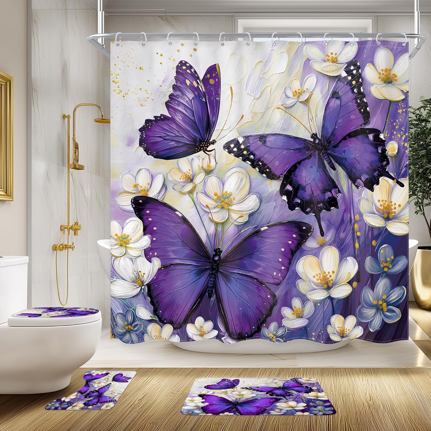 4 PCS Pueple Butterfly Bathroom Set with Shower Curtain and Rugs 72Wx72H Inch Floral Oil Painting for Gilrs Non-Slip Bath Rug Toilet Lid Cover and U Shape Mat Accessories 12 Hooks Bathoom Decor