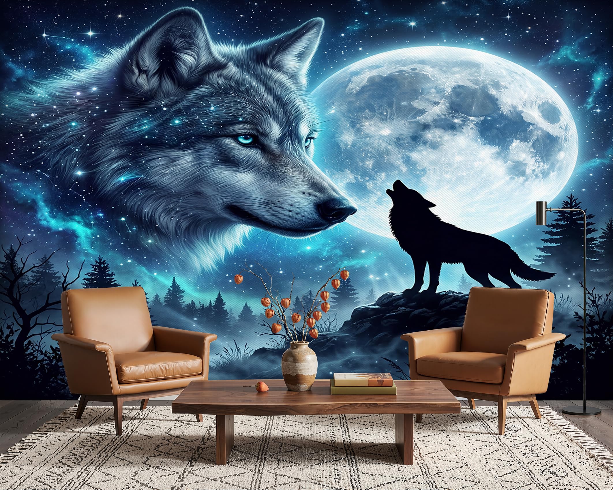 PaxGloz Blue Wolf Moon Wallpaper, Fantasy Wildlife Wall Mural for Living Room & Bedroom, Non-Woven Decorative Wall Art 400x280 cm