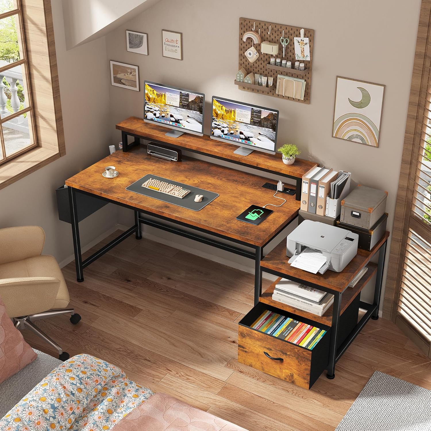 EnHomee 57" Office Desk with Drawers and Printer Space,Computer Desk with Power Outlets,Home Office Desks with File Drawers Cabinet,Study and Gaming Desk with Shelves Monitor Stand,Rustic Brown - Image 5