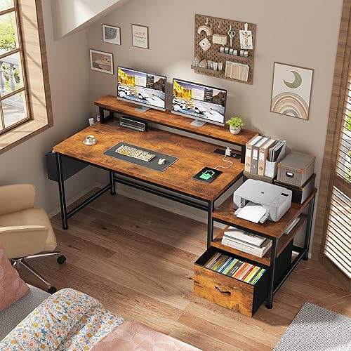 Miniatura 5 de EnHomee Escritorio de oficina de 57 pulgadas con cajones y espacio para impresora, escritorio de computadora con tomas de corriente, escritorios de