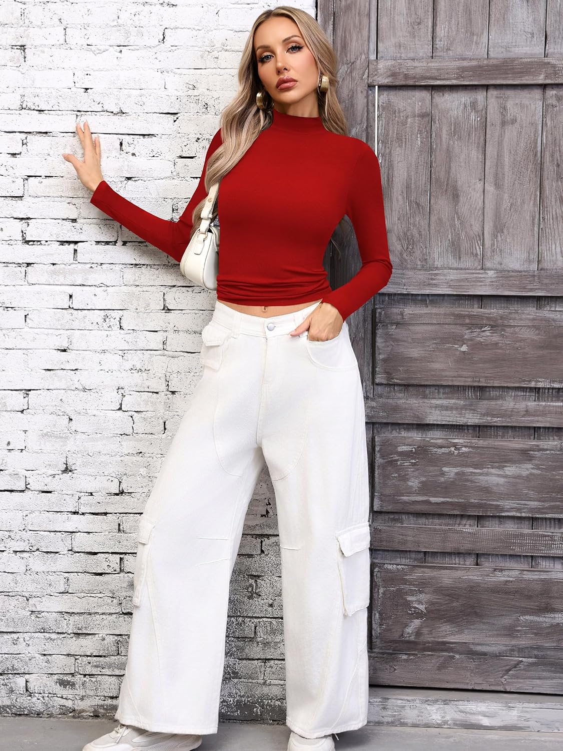 Laughido Women's Mock Neck Long Sleeve Ribbed Knit Fleece Slim Fit Casual Basic Crop Top Tee Shirt 2025 Trendy - Image 2