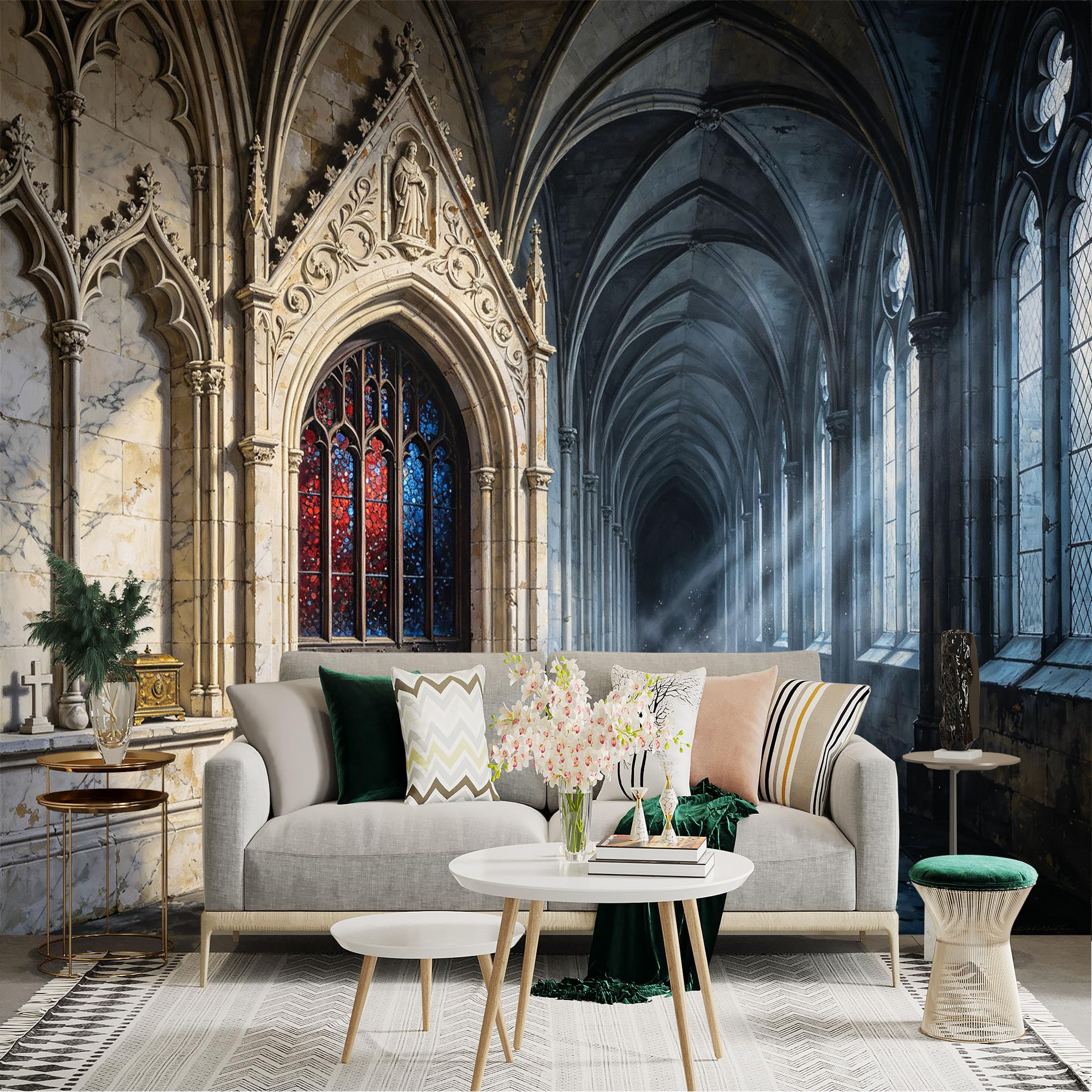 Lnzczhyre Bh260719130 Custom Size Wall Sticker Mural， Gothic Stone Corridor， Stained Glass Archway， Ancient Architectural Interior， Sunlight Through Pillars， For Wall Decoration， Peelandstick Wall Decals.