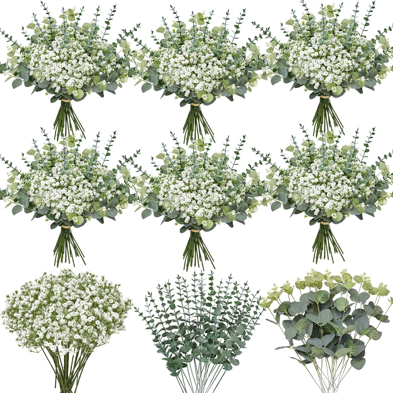 Serwalin 100Pcs Artificial Babys Breath Flowers Bulk, Faux Baby Brerath Eucalyptus Stems Leaves Set Faux Greenery Stems Gypsophila Flowers Centerpieces for Wedding Bouquet Party Filler Home Decor