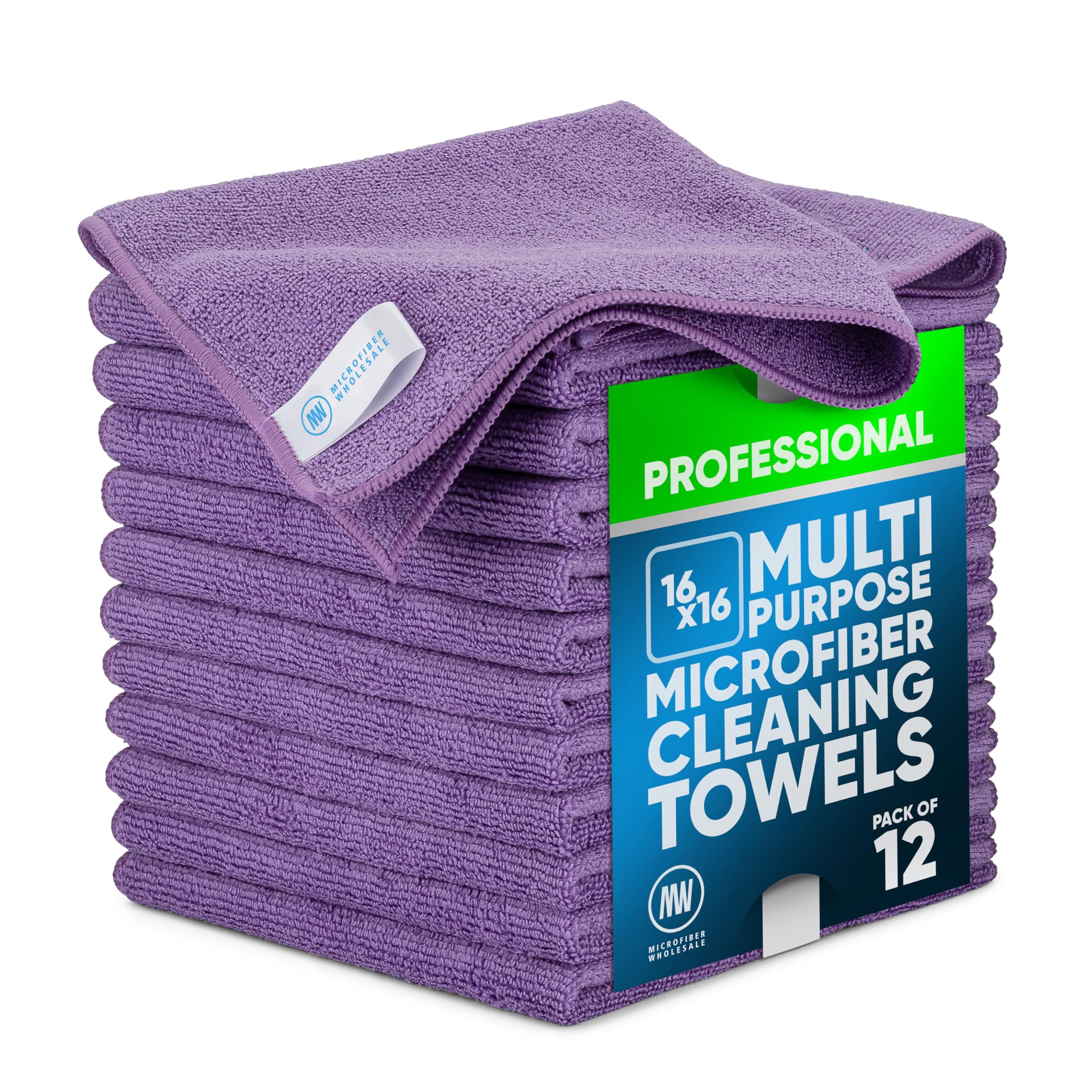Microfiber Wholesale MW PRO Cleaning Cloth | Purple (12 Pack) | Size 16" x 16" | All Purpose Towels - Clean, Dust, Polish, Scrub, Absorbent