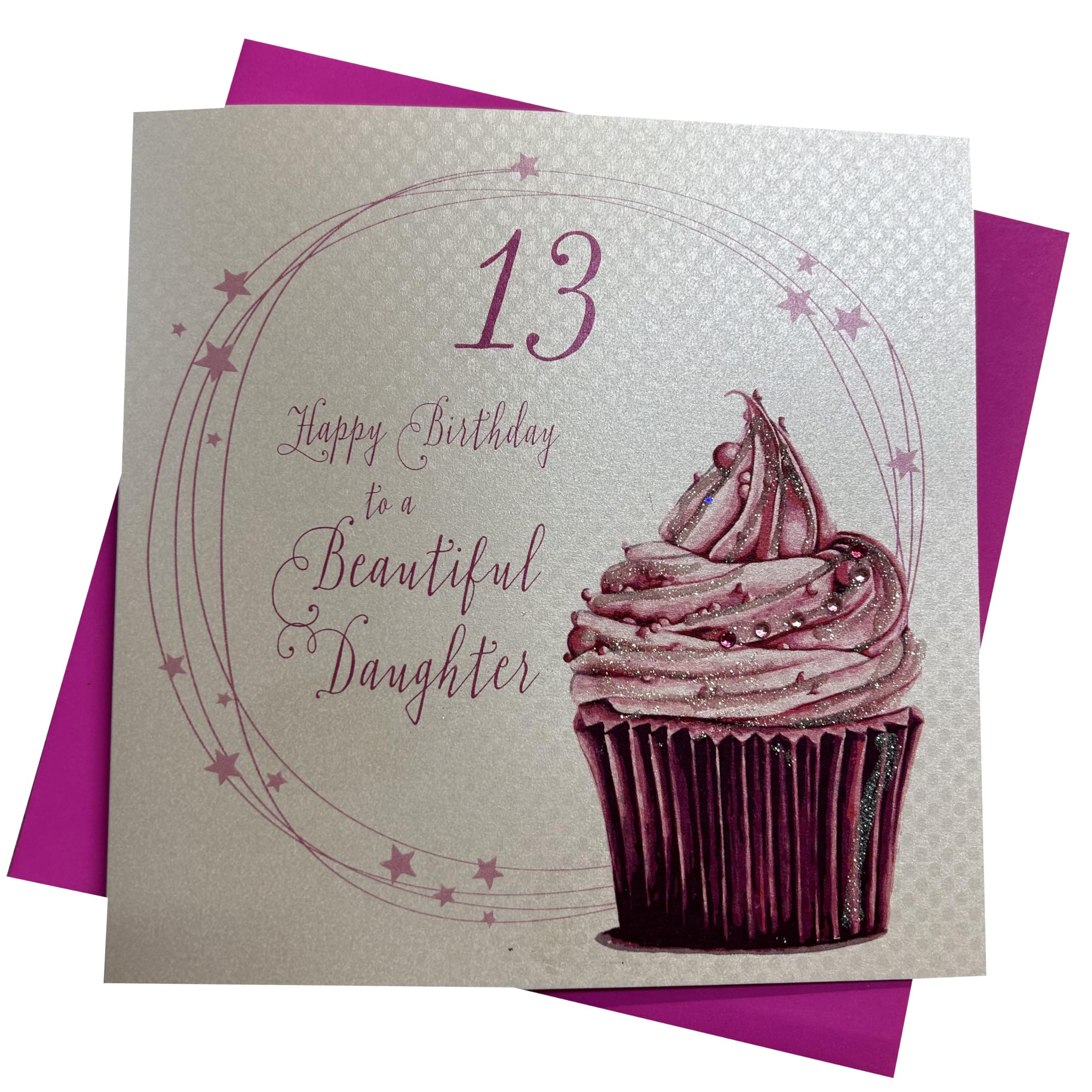 WHITE COTTON CARDS Cupcake Happy Birthday To A Beautiful Daughter 13" Handmade 13th Birthday Card, White, WBDA13