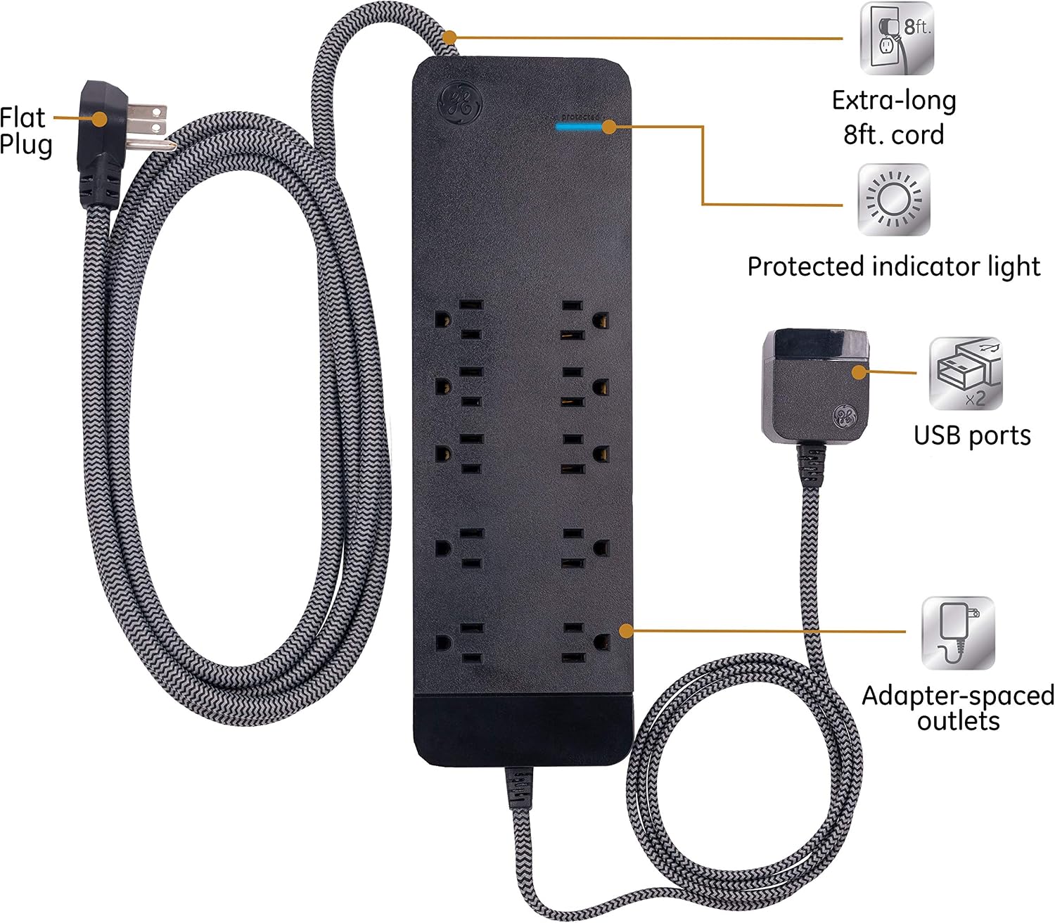 Exclusive GE UltraPro 10 Outlet Surge Protector, 2 USB Ports On 4 ft Braided Tether, 8 ft Braided Cord, Compatible w/ iPhone 12/11/Pro/Max/Xs/XR/X/8, Samsung Galaxy S21/S10/S9/Plus, Google Pixel, Black, 45248