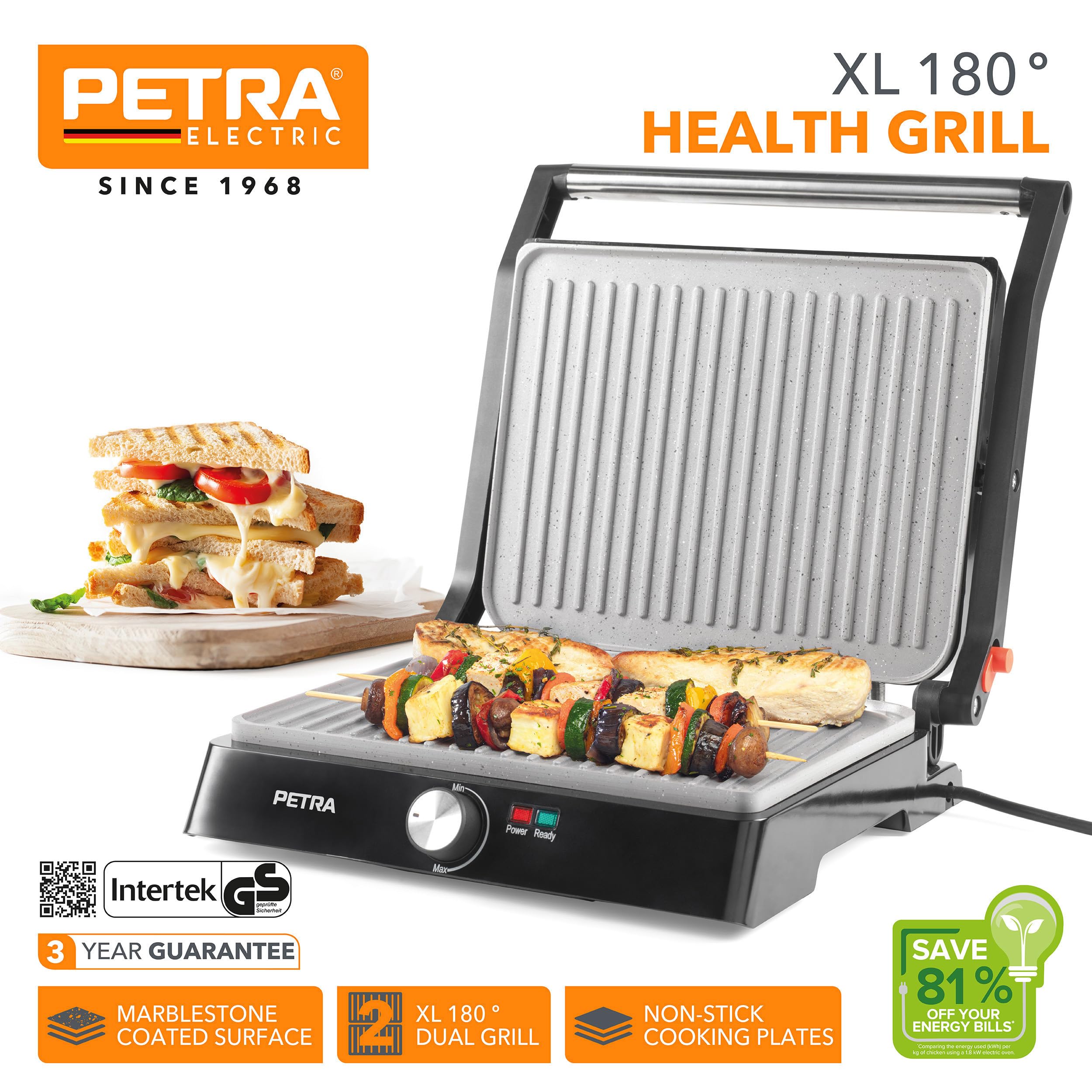Petra PT4076VDEEU10 Griglia elettrica - Multifunzione presse per panini sandwich, doppia XL 180°, antiaderente, 2 superfici di cottura per verdure, carne e spiedini, non necessita di olio, 2200 W