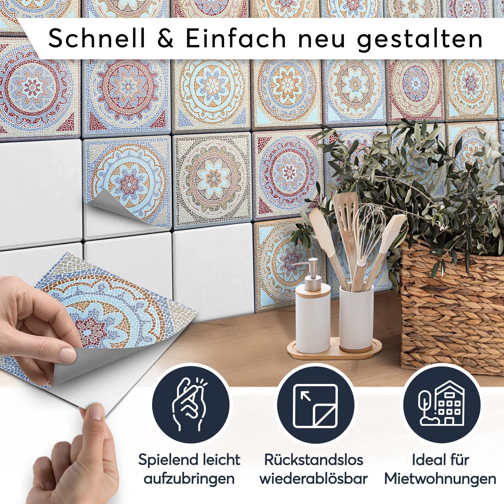 Fliesenmosaik - Fliesenaufkleber I Klebefolie zum Fliesen überkleben I Stickerfliesen für Küchen und Bad-Fliesen I 20x20 cm - Motiv Mosaik Afrika - 18 Stück