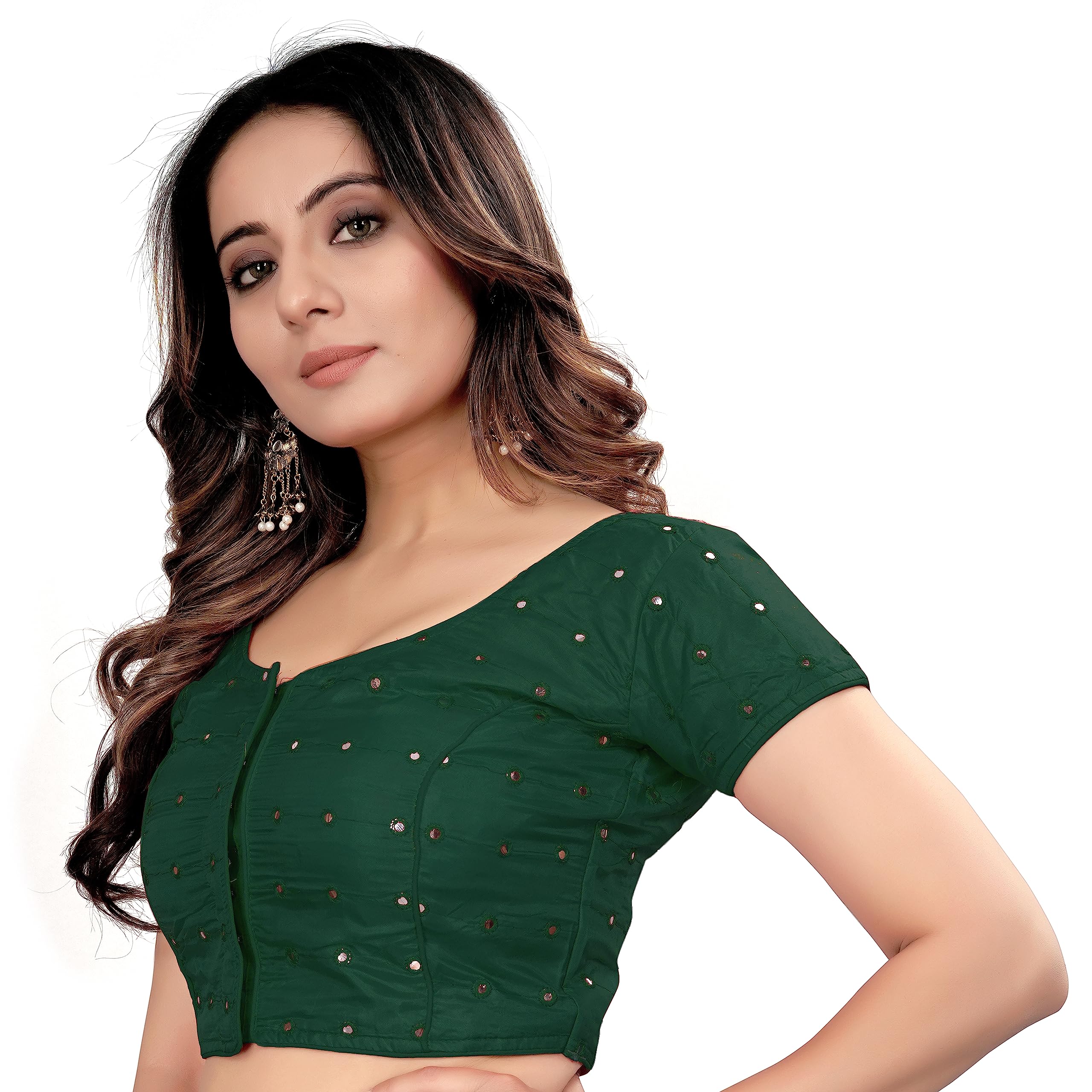 Pujia Mills Women's Silk Foil Mirror Short Sleeve Readymade Fancy Blouse(Foil Mirror Green_38)