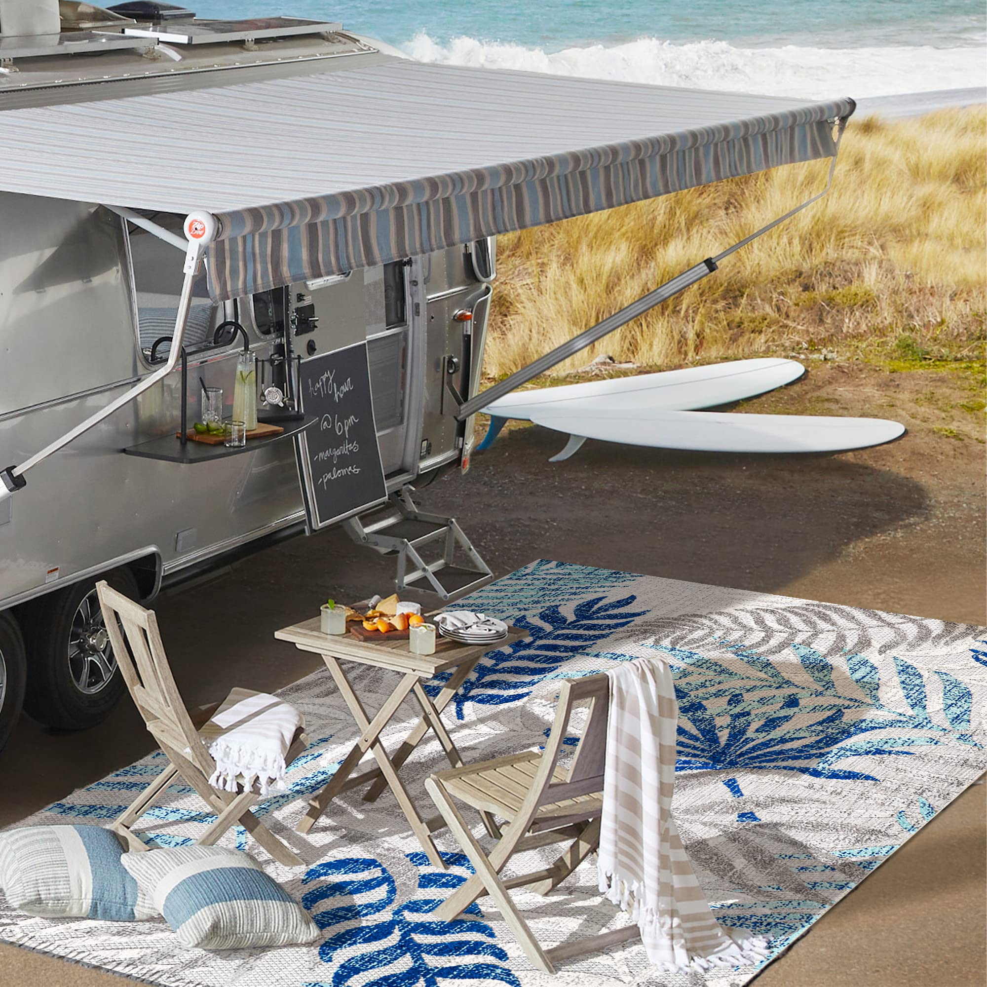 JONATHAN Y AMC100A-8 TROPICI Foglie di palma foglie interni tappeti per esterni, costieri, contemporanea, camera da letto, cucina, cortile, patio, non spargimento, grigio/blu, 240 cm X 300 cm