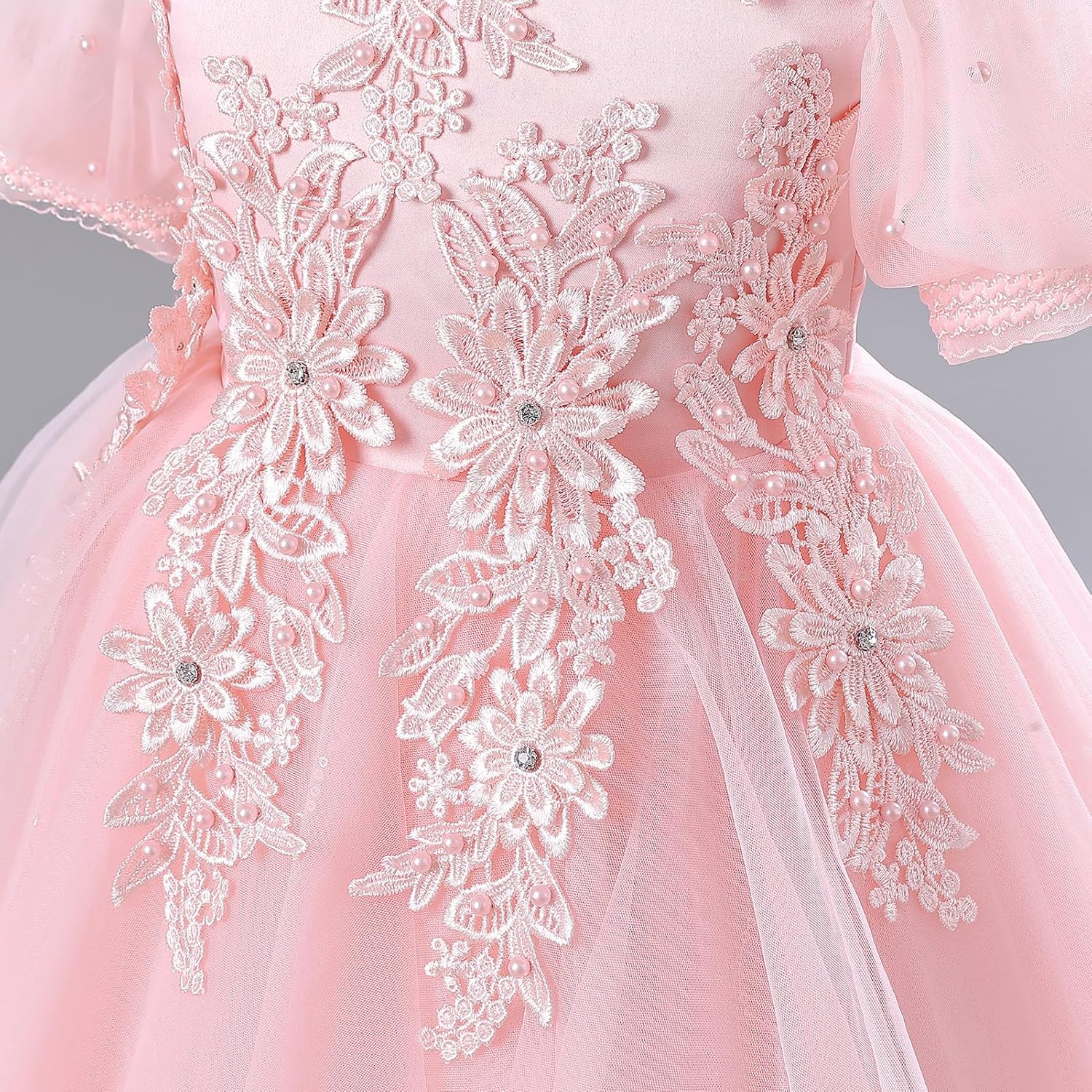 IDOPIP Flower Girl Sequin Applique Dress for Kids Wedding Pageant Party Long Gown Princess Communion Handkerchief Tulle Dress - Image 5