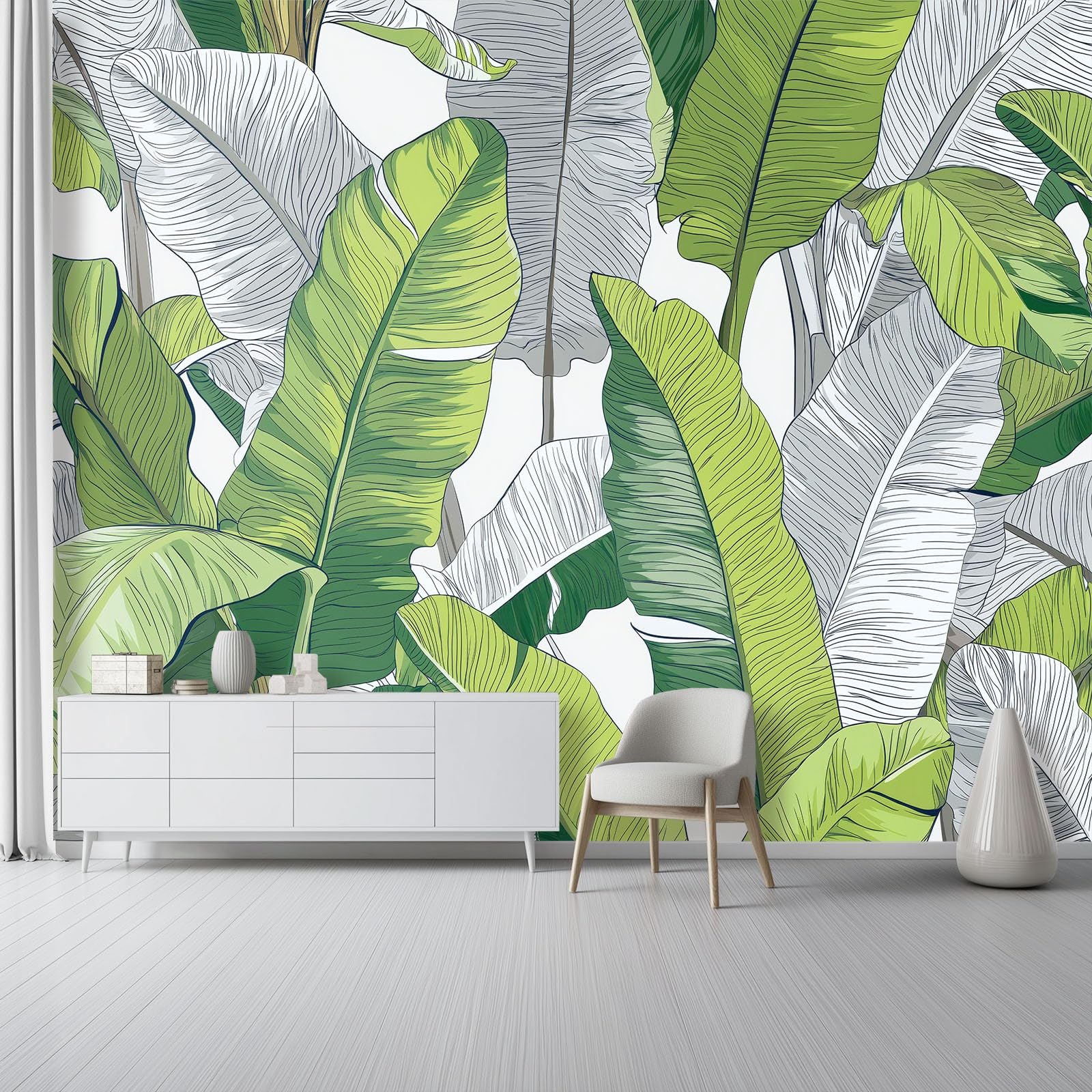 Fototapeta 300 x 210 cm ściany dekoracja salonu tropikalny design do sypialni salonu tapeta z włókniny, ręcznie rysowane zielone liście bananowe liście