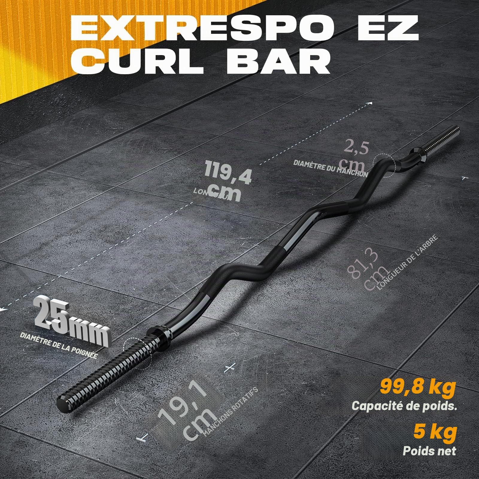 Barre de Musculation Ez Curl, Barre Courbée En Acier Fileté de 119 cmpour Disques Standard de 2,5 Cm, Capacité De 100 Kg, ldéale pour LaMusculation à Domicile Ou En Salle De Sport