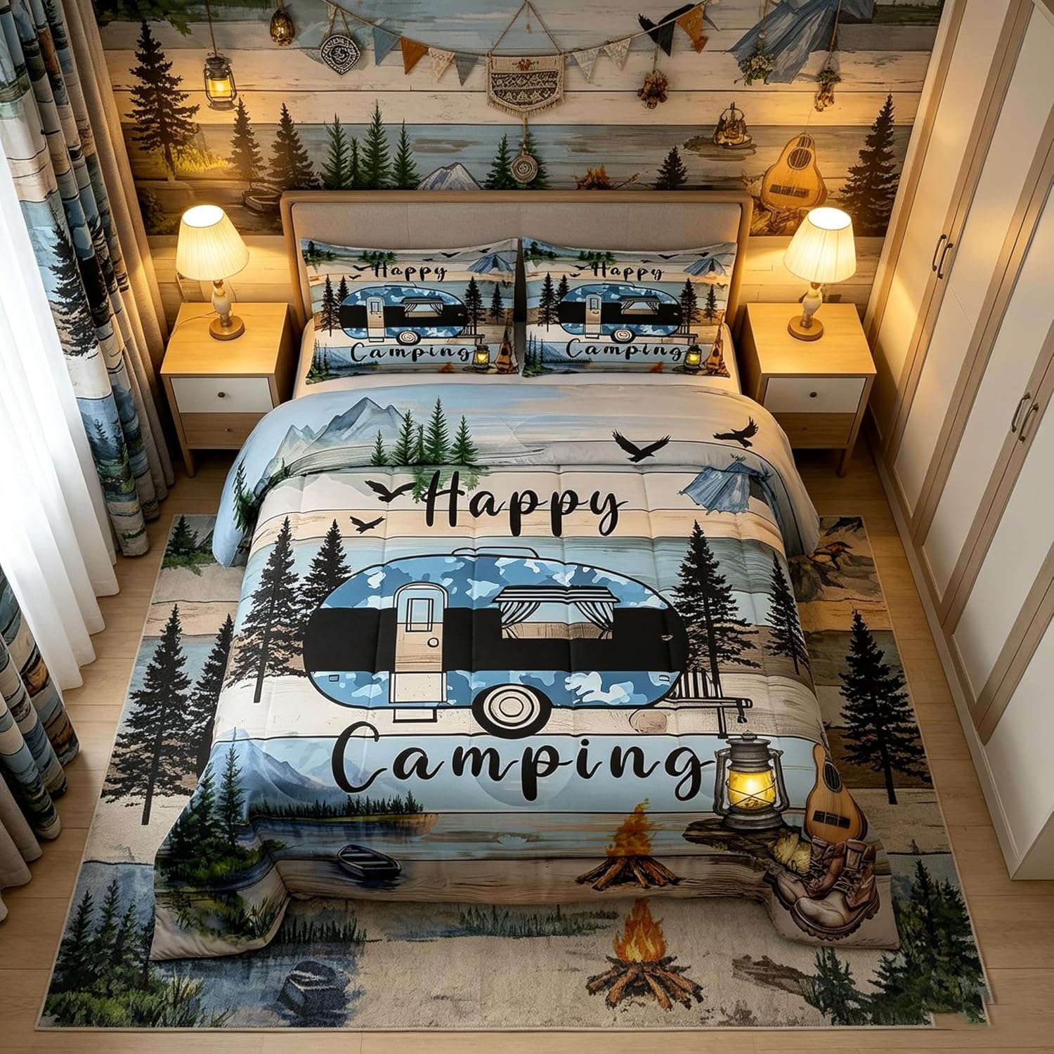 Manfei Happy Camping Comforter Set Queen Size, Camouflage Camper Bedding Set 3pcs, Farmhouse Wooden Plank Down Comforter for All Season, Kids Boys Teens Room Decor, 2 Pillowcases, No Sheets