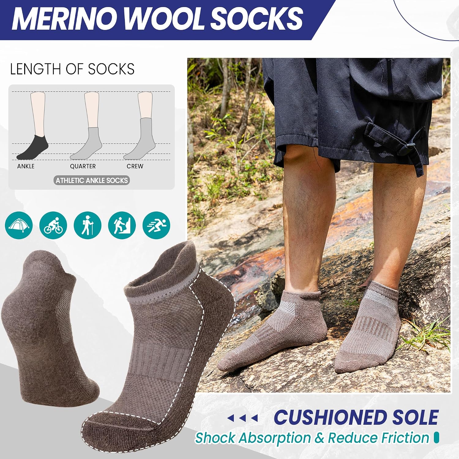 Eyean Merino Wool Ankle Running Socks Men Women Hiking Thick Half Cushioned Support No Show Socks 6 Pairs