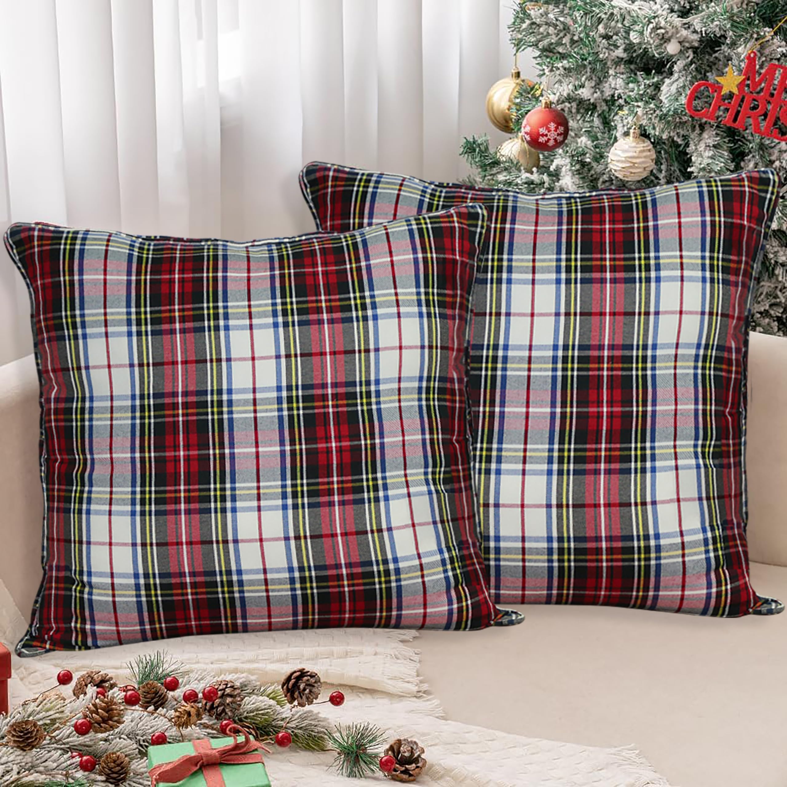 Tiny Break Plaid Piping Throw Pillow Case, Christmas Decor Gretchen Tartan Checkered Soft Drill Weave Cotton Cushion Covers Set of 2 (24 x 24 Inch, Multi)