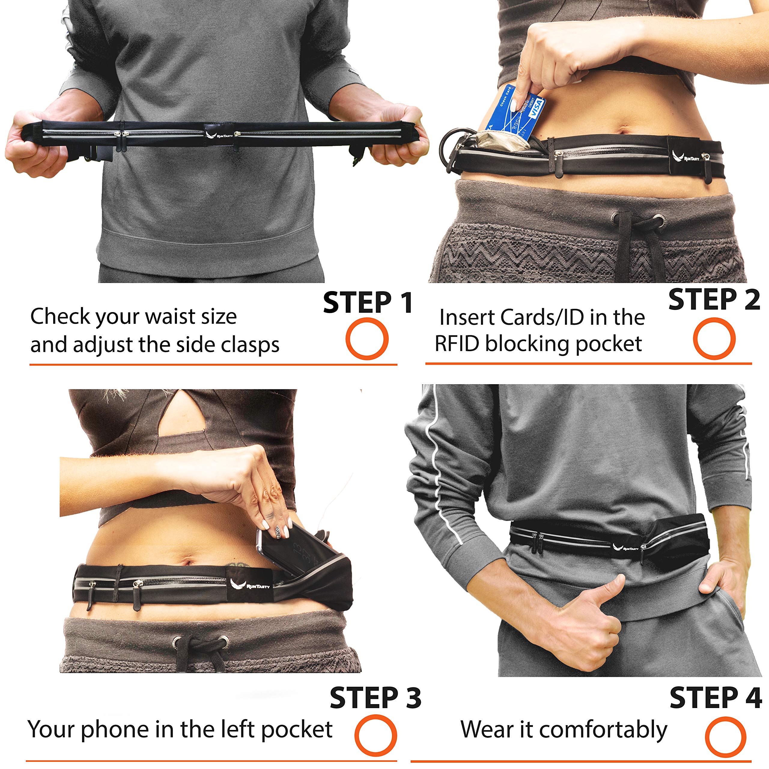 [Votado #1 Cinturón para correr] Riñonera para corredores con bolsillo de bloqueo RFID, para iPhone 7, 8, 8+, X 11, 12, 13, 14 y Android Samsung. Sin rebote, impermeable, elegante negro, tamaño