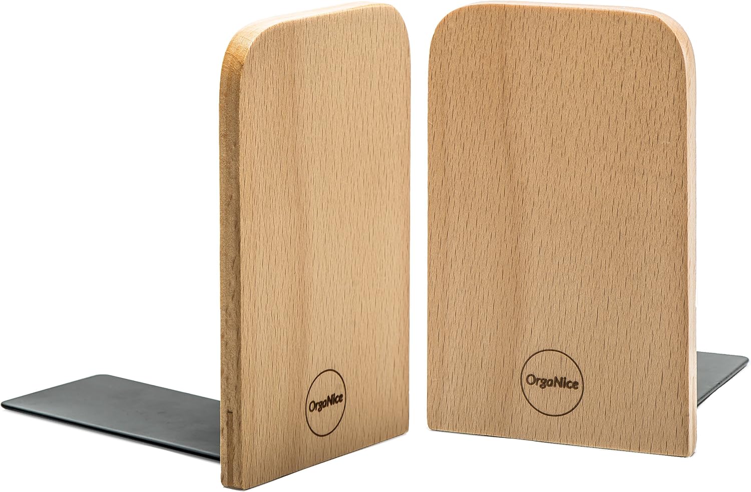 OrgaNice Beech Wood Bookends - Hand Crafted Design - Non-Skid and Padded Feet - Sturdy and Dependable - Gift-Ready Packaging [2 Units]