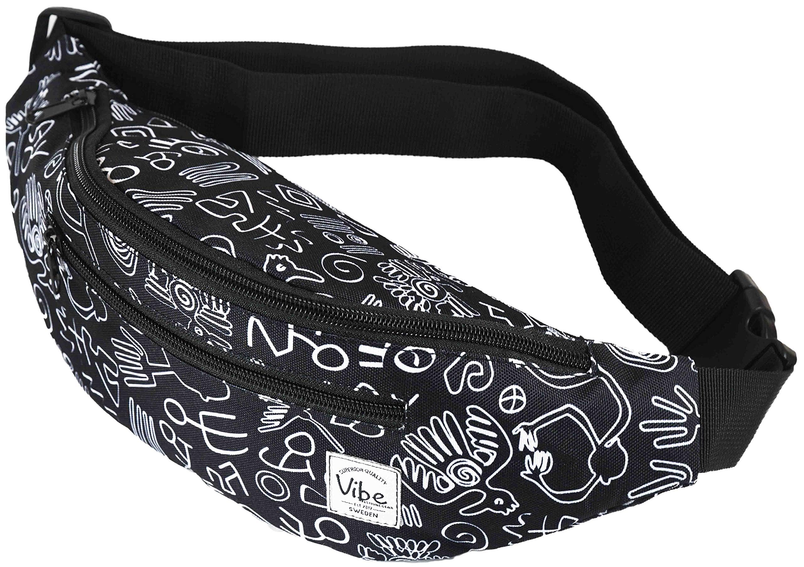 Vibe Festival Gear Fanny Pack for Men Women - Many Prints - Black Holographic Silver Gold Cute Waist Bag for Festival Rave Hiking Running Cycling