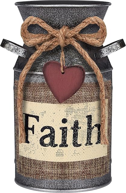 Belle Vous Rustic Metal Flower Vase - 10.5 x 19cm / 4.13 x 7.48 Inches - Faith Vintage Shabby Chic Farmhouse Milk Bucket - Primitive Decorative Pitcher Jug for Home/Wedding Decor & Garden Flowers