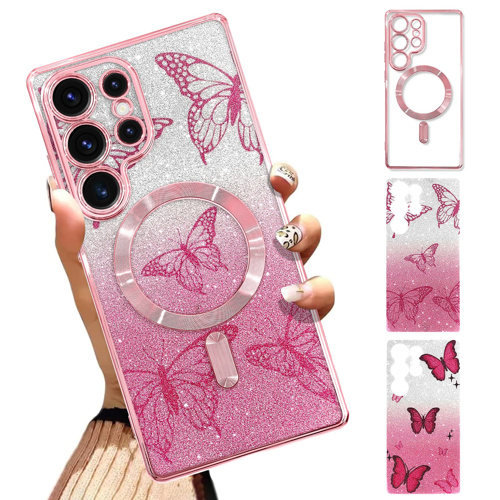 Illians Case Fit for Samsung Galaxy S25 Ultra 6.9 Inch [Compatible with MagSafe] Glitter Bling Case [2 Pieces of Butterfly Design Insert] Soft TPU