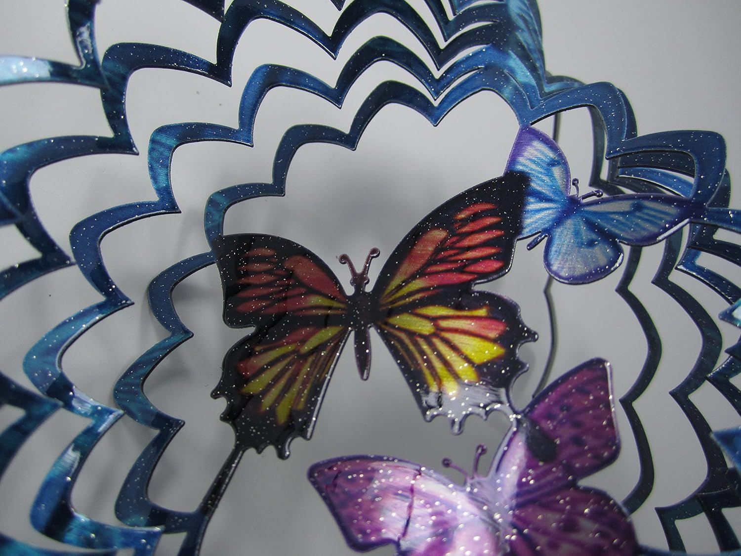 Whirligig 3D Wind Spinner Hand Painted Stainless Steel Twister Butterfly (6.5" Inch, Multi Color Blue Silver)