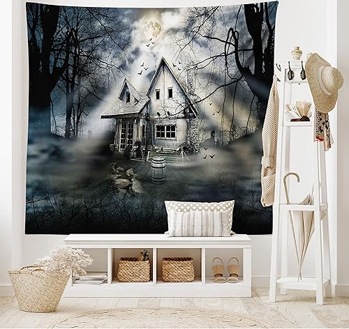 Miniatura 2 de Ambesonne Tapiz de Halloween, casa encantada con ambiente de terror oscuro, nublado, misterioso, aterrador, para colgar en la pared ancha para