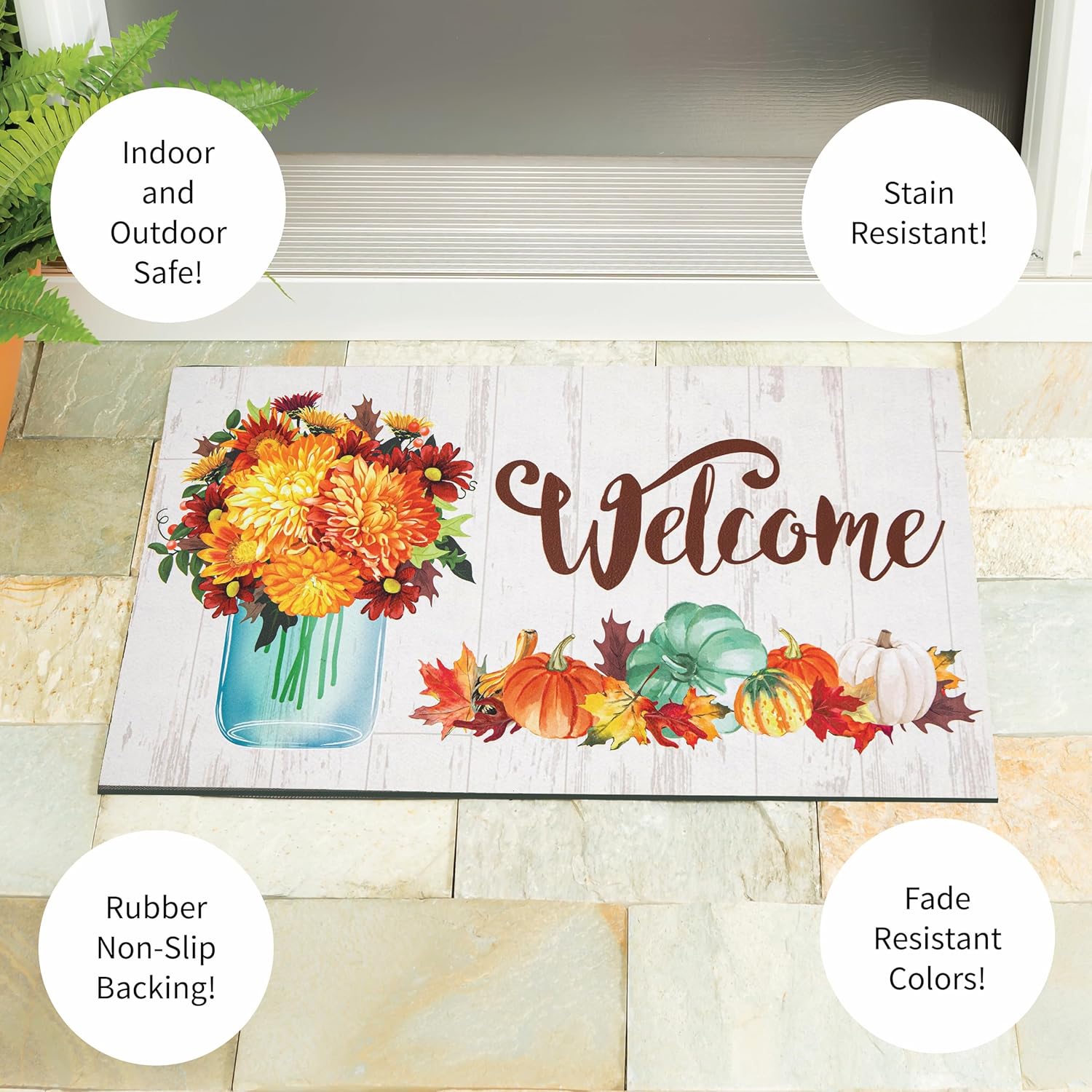 Evergreen Flag Mums Floral Fall Sassafras Estate Door Mats, 30 x 18 Inches Sassafras Fall Doormats for Front Door Outdoor Entrance, Indoor Welcome Mats for Entryway