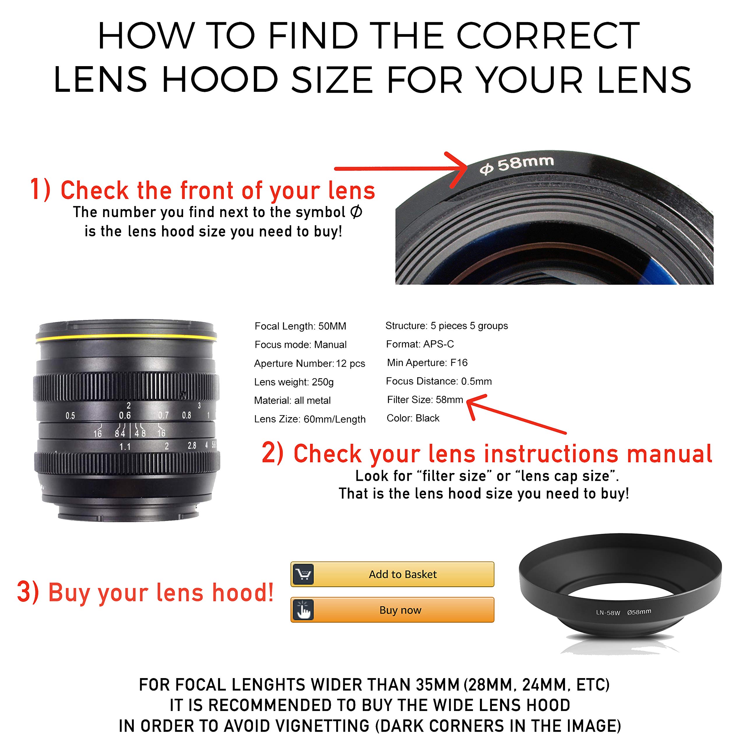 Paraluce Lens Hood. Per obiettivi grandangolari. Realizzato in metallo di alta qualità. Design universale: per Canon Sony Nikon Tamron Sigma Pentax Fujifilm Leica Tokina (72mm)