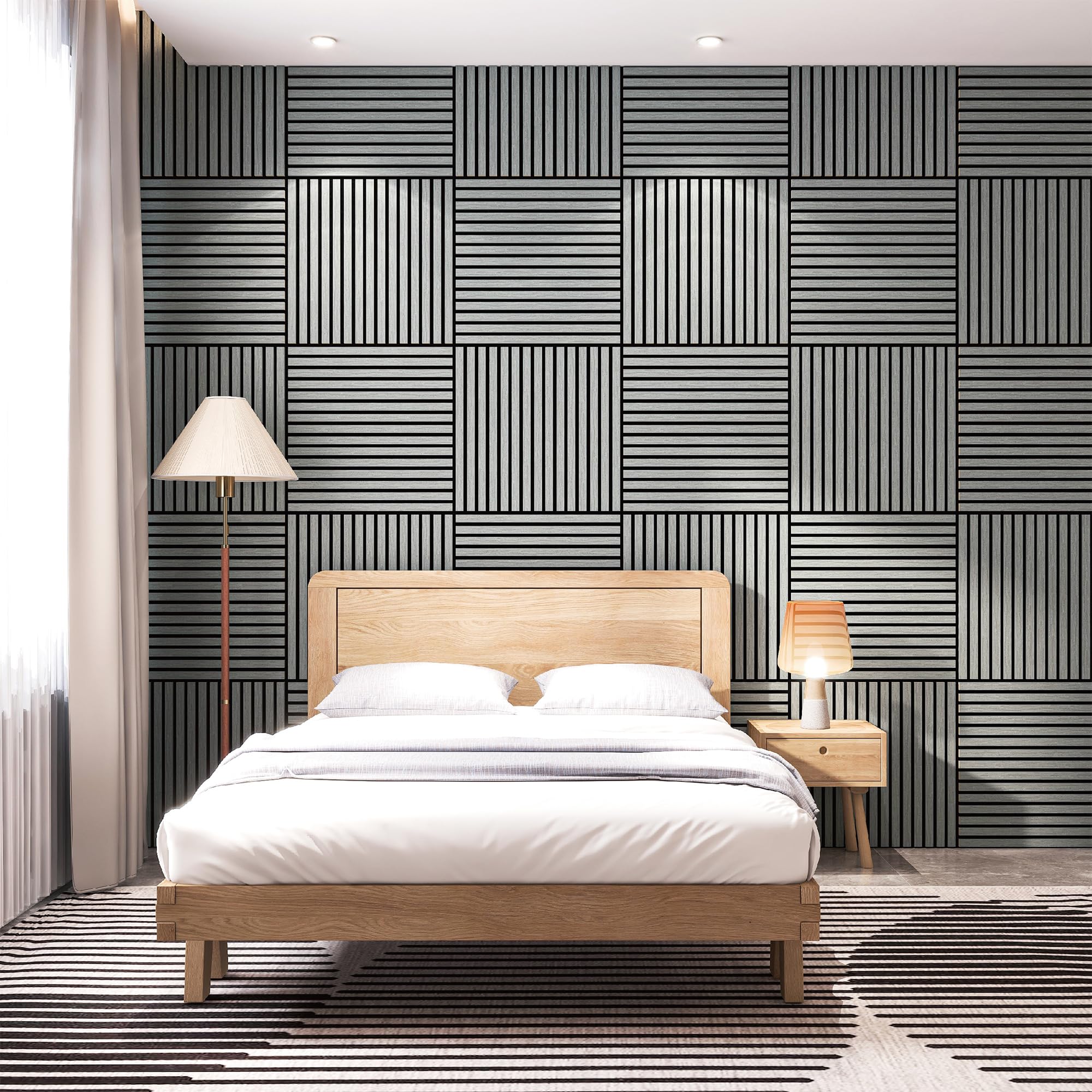 NEU.HOLZ Set di 4 Pannelli Murali 3D Fonoassorbenti 60x60 cm a Listelli Dritti per Pareti Soffitti Moduli Decorativi Copertura 1,44 m² - Effetto Rovere Grigio Chiaro
