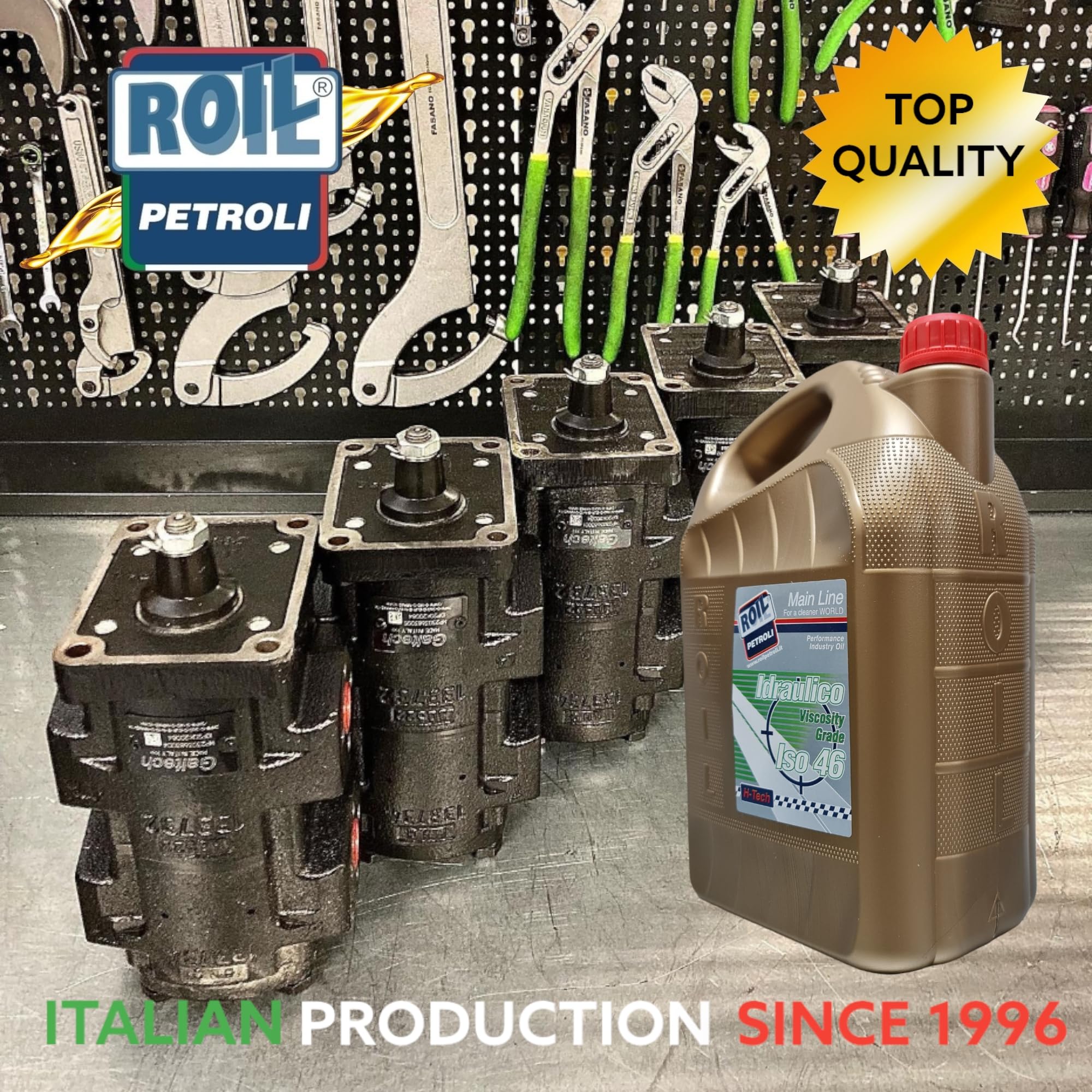 5 Litri di Roil Olio idraulico VG ISO 46 "NUOVA FORMULA CON POLIMERO ELASTOMERO" con più elasticità e durata delle parti in gomma, antischiuma e antiusura per sistemi oleodinamici e idrostatici