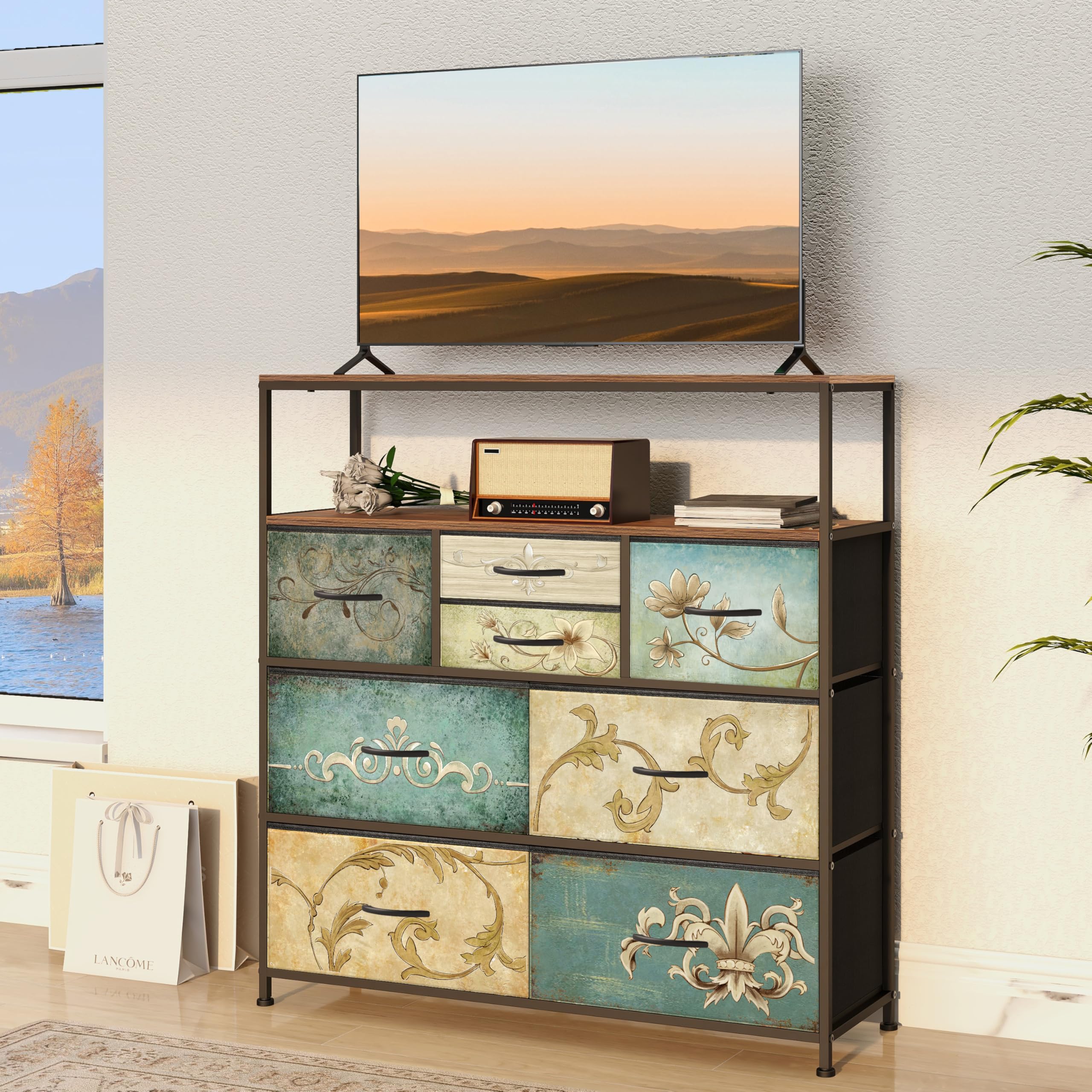 VEDECASA Comò con 8 cassetti in tessuto, tavolo da trucco in stile boemo, supporto TV per camera da letto, credenza con piano in legno, cassetti in tessuto e struttura in metallo, per soggiorno