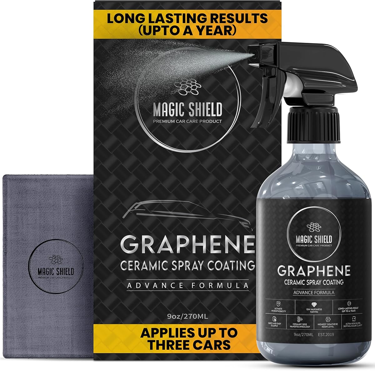Magic Shield Graphene Ceramic Spray Coating - LAST SO LONG! Quick & Easy for Cars, Motorcycles & Boats-Professional Grade Sealant for Maximum Gloss & Shine - Waterless Wash & Wax (270ml)