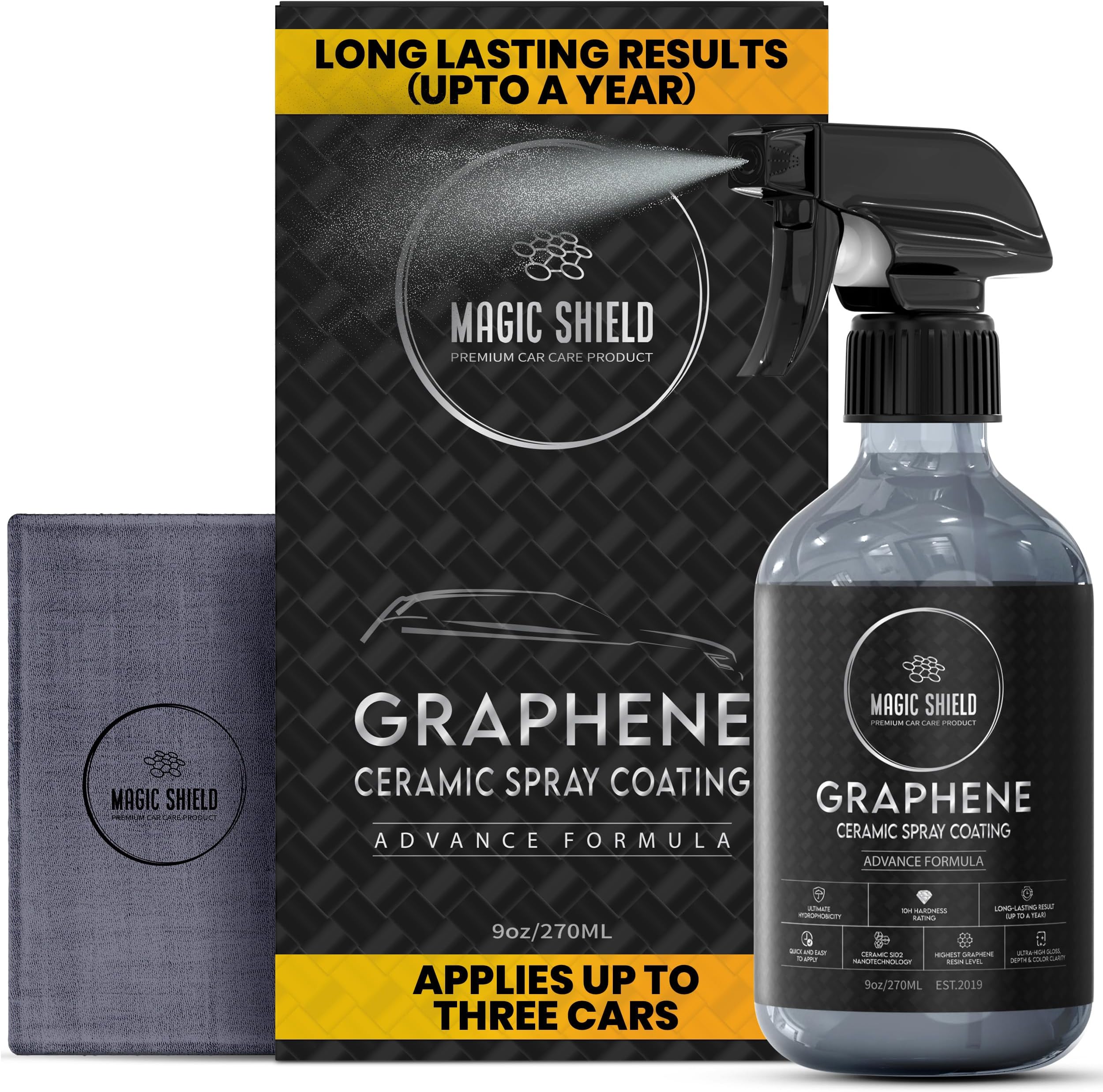 Magic Shield Graphene Ceramic Spray Coating - LAST SO LONG! Quick & Easy for Cars, Motorcycles, Boats & More - Professional-Grade Sealant for Maximum Gloss & Shine - Waterless Wash & Wax - 9oz Bottle